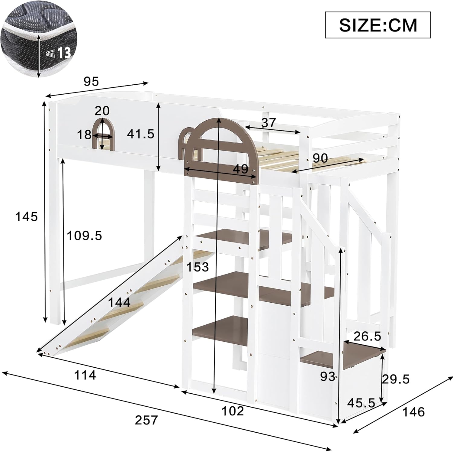 Etagenbett 90x200 cm, Kinderbett Mit Rutsche, Stauraumbett mit 2 Schließfächer in der Treppe, Mit Offenes Regal, mit Fenster, Rausfallschutz Geländer, Kiefer, Weiß+Braun (Ohne Matratze)