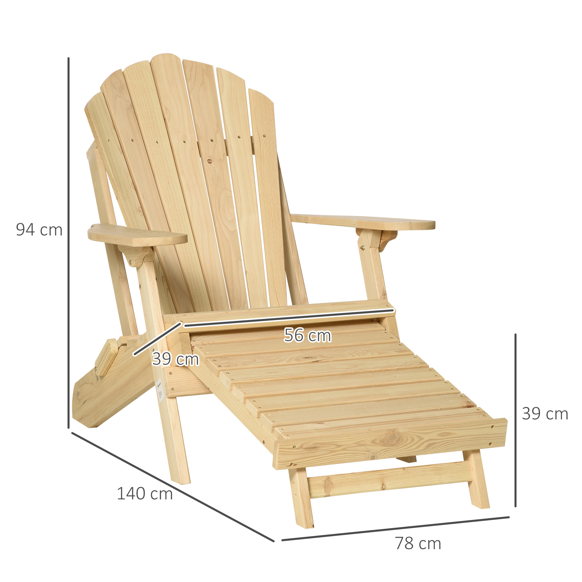 Adirondack Tuinstoel met Voetensteun Opvouwbaar Ligstoel Buitenmeubilair Grenenhout Natuur 78 x 140 x 94 cm