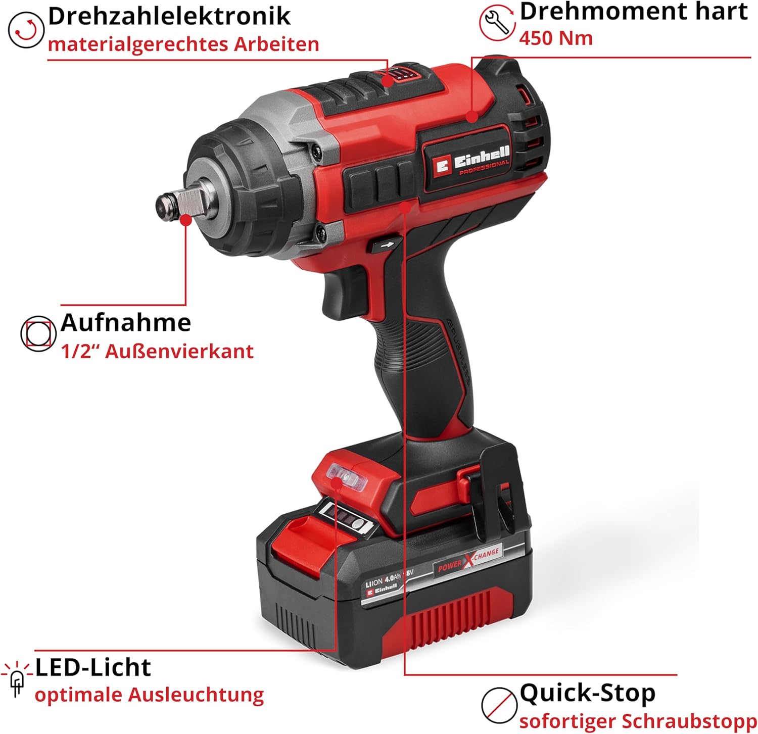 Einhell Professional Akku-Schlagschrauber IMPAXXO 18/450 (1x4,0Ah) Power X-Change (18 V, 450 Nm, Brushless, Außenvierkant-Aufnahme, inkl. 4 Ah Akku, Ladegerät, Nuss-Set)