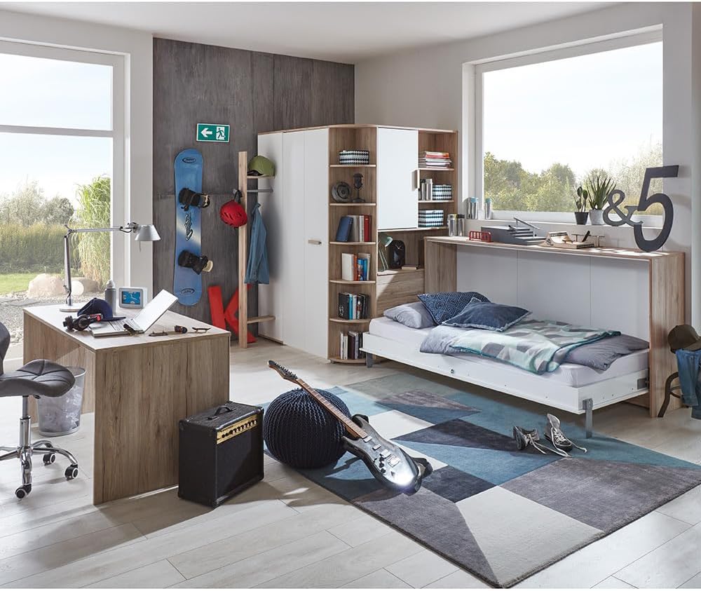 Lomadox Kinderzimmer Jugendzimmer begehbarer Eckkleiderschrank Kleiderschrank mit Bettkasten in Eiche mit weiß