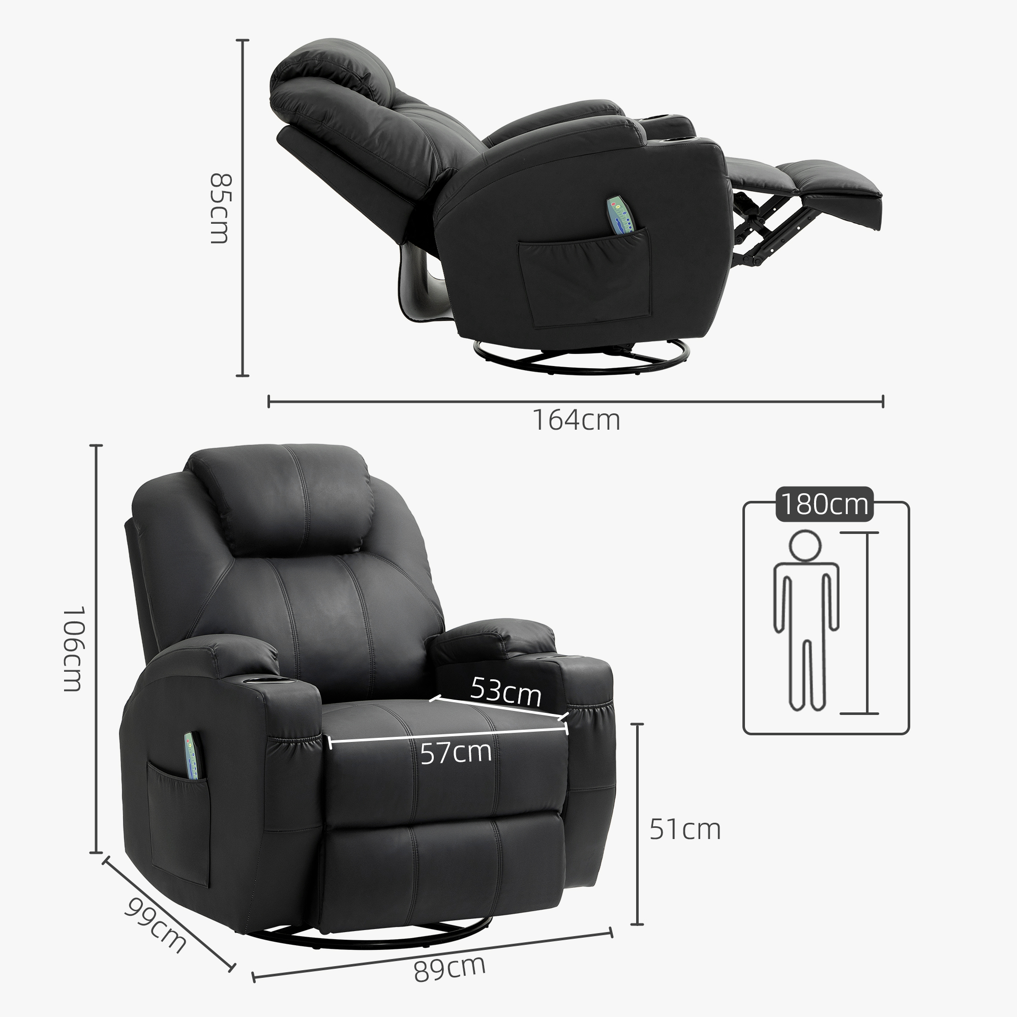 Relaxfauteuil met Massagefunctie, Kantelbare Leuning, Draaibaar, tot 150 kg, Kunstleer, Zwart