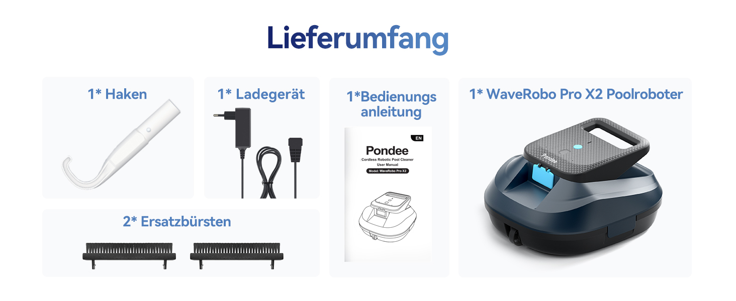 Der Text lautet „Lieferumfang“ (deutsch für „Lieferumfang“). Die Abbildung der Produktanleitung zeigt ein schwarzes, scheibenförmiges Gerät mit verschiedenen Komponenten und Zubehörteilen, die unten angegeben sind.