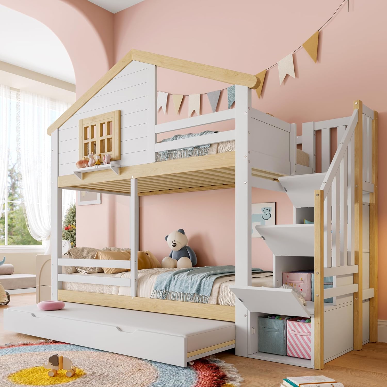 Kinderbett 90x200,Etagenbett für 2 Kinder,Hausbett Hochbett mit Ausziehbett&Treppe&Fenstern&Dach,Holzbett Stauraumbett Stockbett Jugendhochbett mit Rausfallschutz&Lattenrost,Ohne Matratze,Weiß+Natur