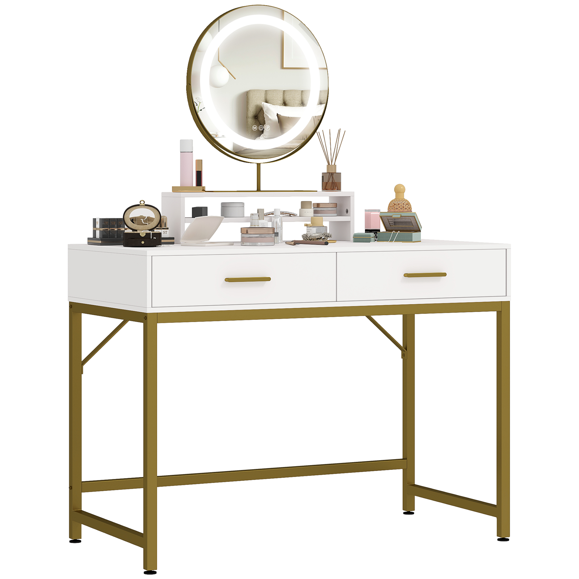 Kaptafel met 360�� Spiegel, LED-verlichting, 2 Laden, Wit/Goud