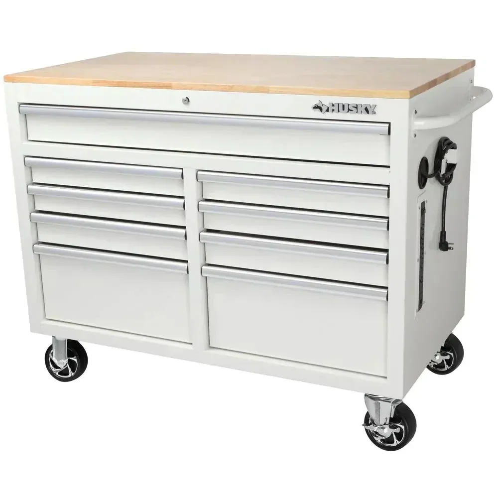 Mobile workbench with 9 drawers, hardwood top and power connection, 117 cm W x 62 cm D C high-gloss black