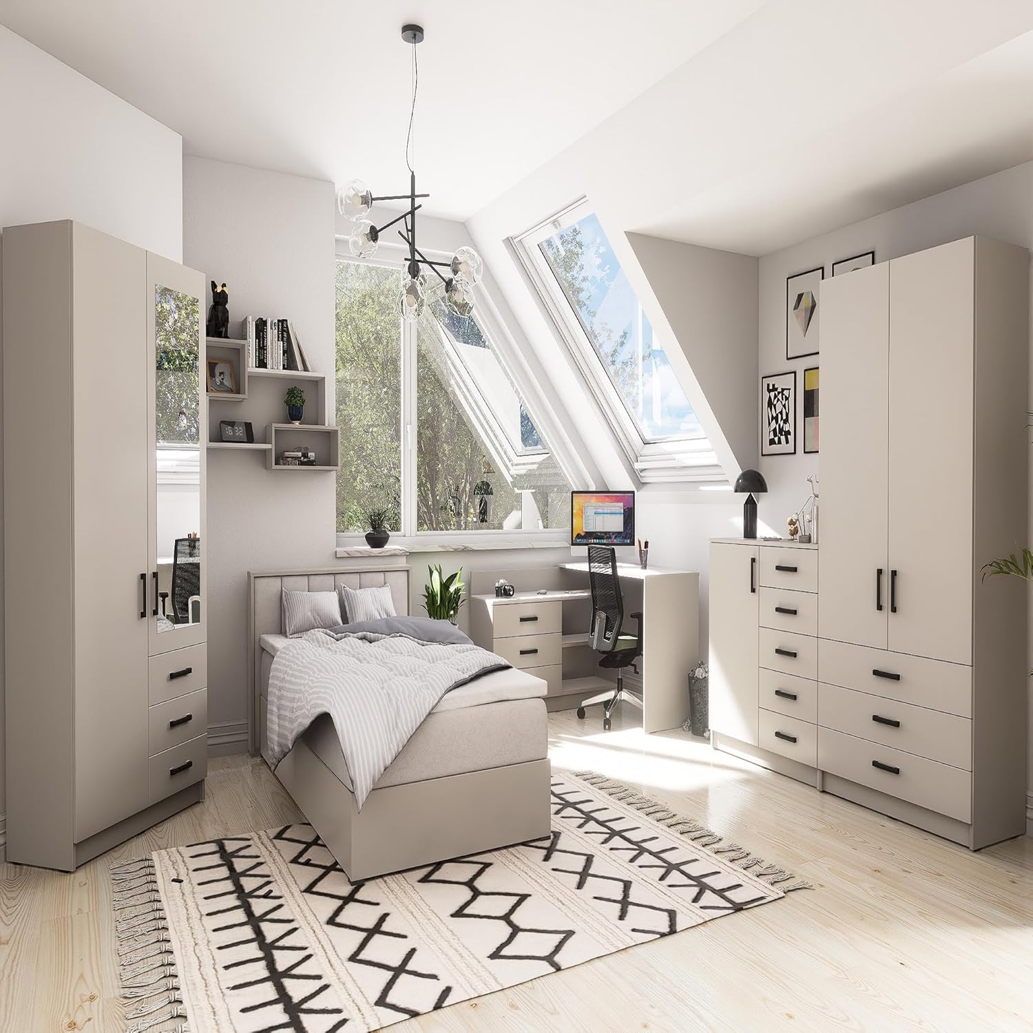 Kleiderschrank Sigma 90 cm breit mit 2 Drehtüren und 3 Schubladen Korpus in Kaschmir Schlafzimmerschrank Kinderzimmerschrank Systemschrank (Türen-Kaschmir, Schubladen-Kaschmir)