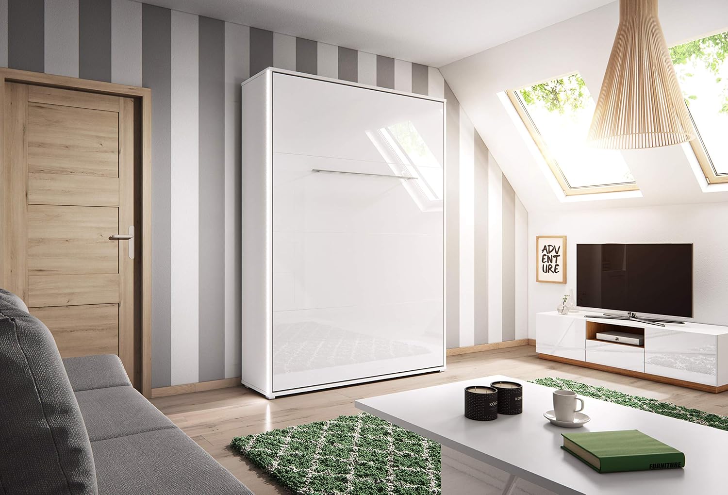 BIM Furniture Wandbett Vertical Schrankbett LENART Concept PRO Wandklappbett, Schrankklappbett Wandbett, Schrank mit integriertem Klappbett, Funktionsbett (Weiß Matt, 90 x 200 cm)