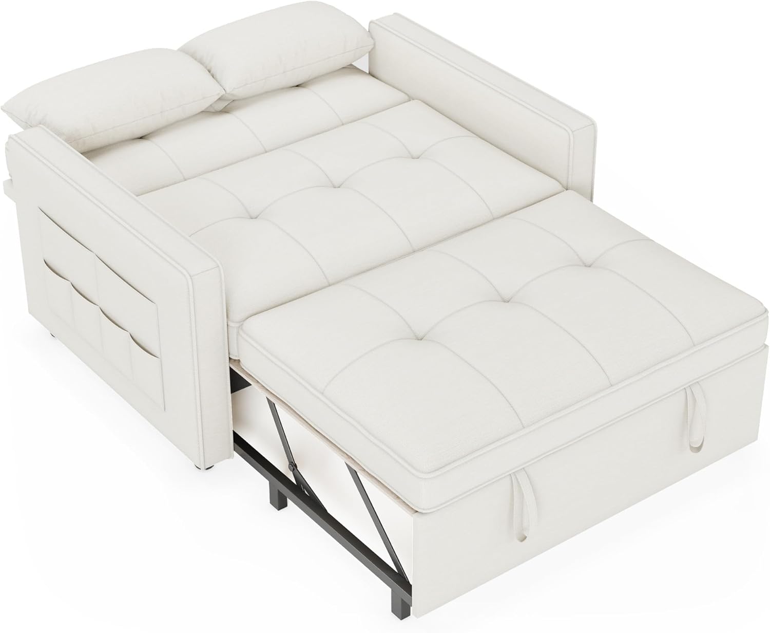 Schlafsofa 186 x 122 cm mit 5-stufig Verstellbarer Rückenlehne, 3-in-1 Schlafcouch mit Kissen und Seitentasche, cremeweißes Leinen-Sofa für Gästezimmer  und  kleine Räume