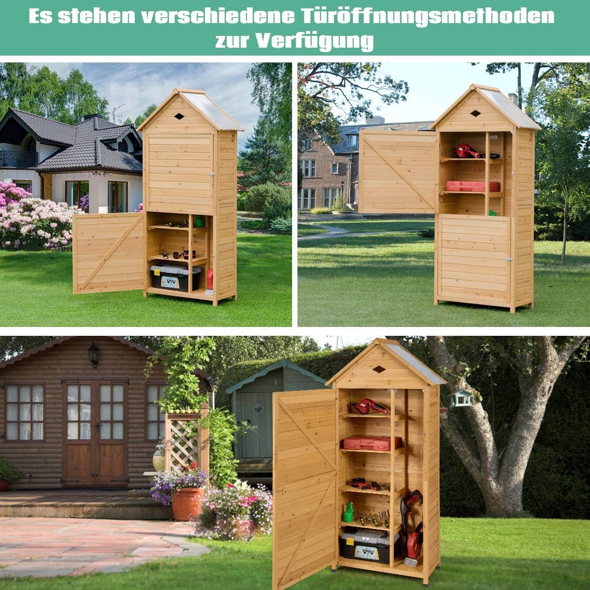 RELAX4LIFE Gerätehaus Garten, Gartenhaus aus Holz, Gartenschrank mit Satteldach, Geräteschrank wetterfest, Geräteschuppen mit Ablagen, Werkzeugschrank für den außenbereich, 177 x 80 x 45 cm