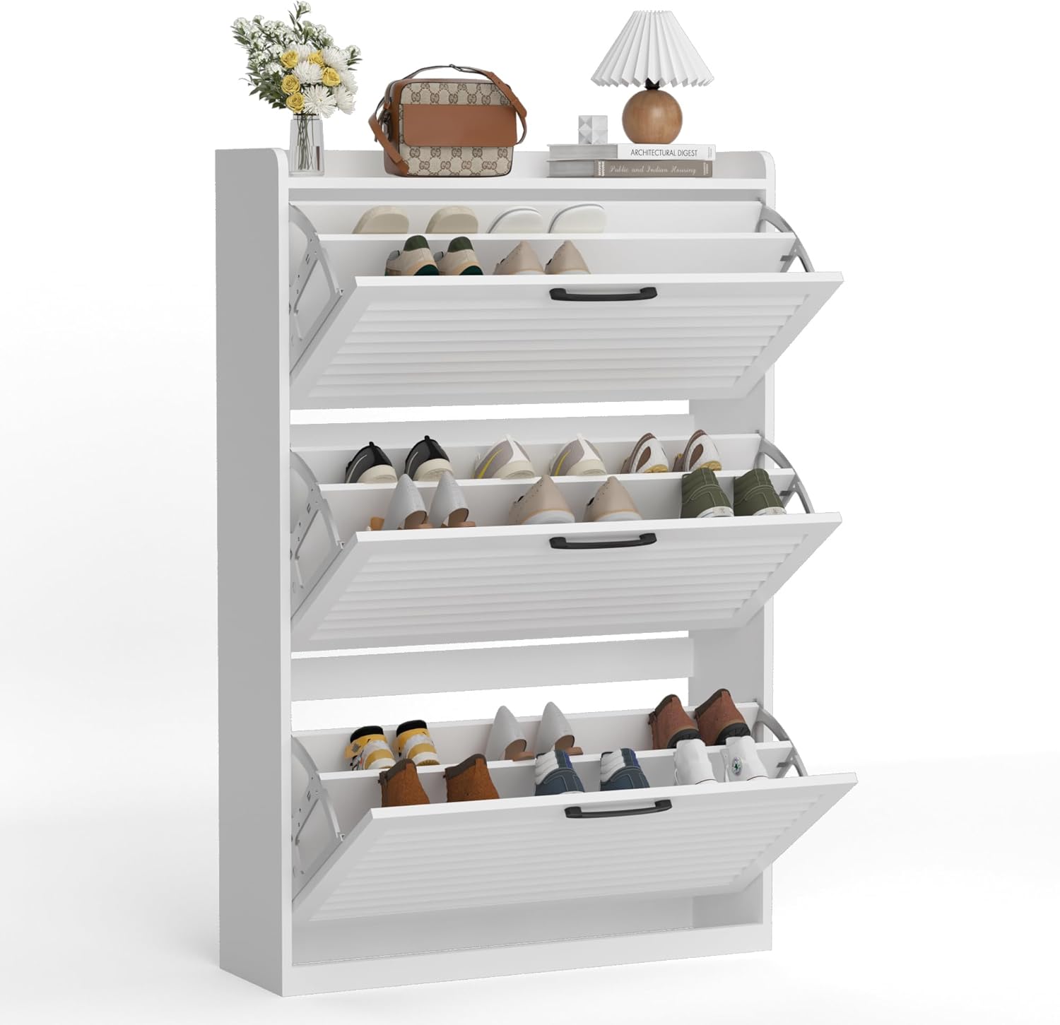 BonVache Schuhschrank Schmal, Schuhkipper mit Lamellentür, Schuhregal mit 3 Klappen, Schuhkommode mit 6 Verstellbar Ablageflächen, Schuhaufbewahrung für Flur, 80x24x120 cm, Weiß