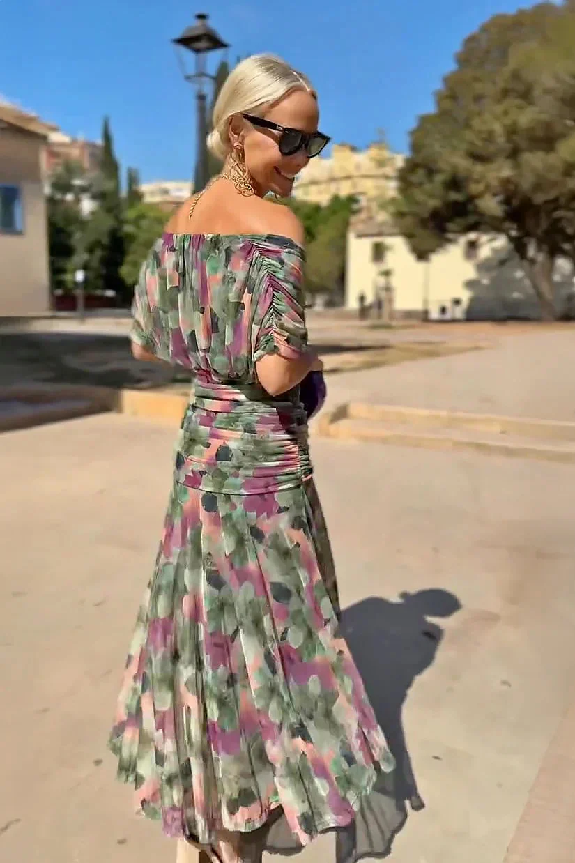 Elegantes schulterfreies Cocktail-Maxikleid mit Blumenmuster