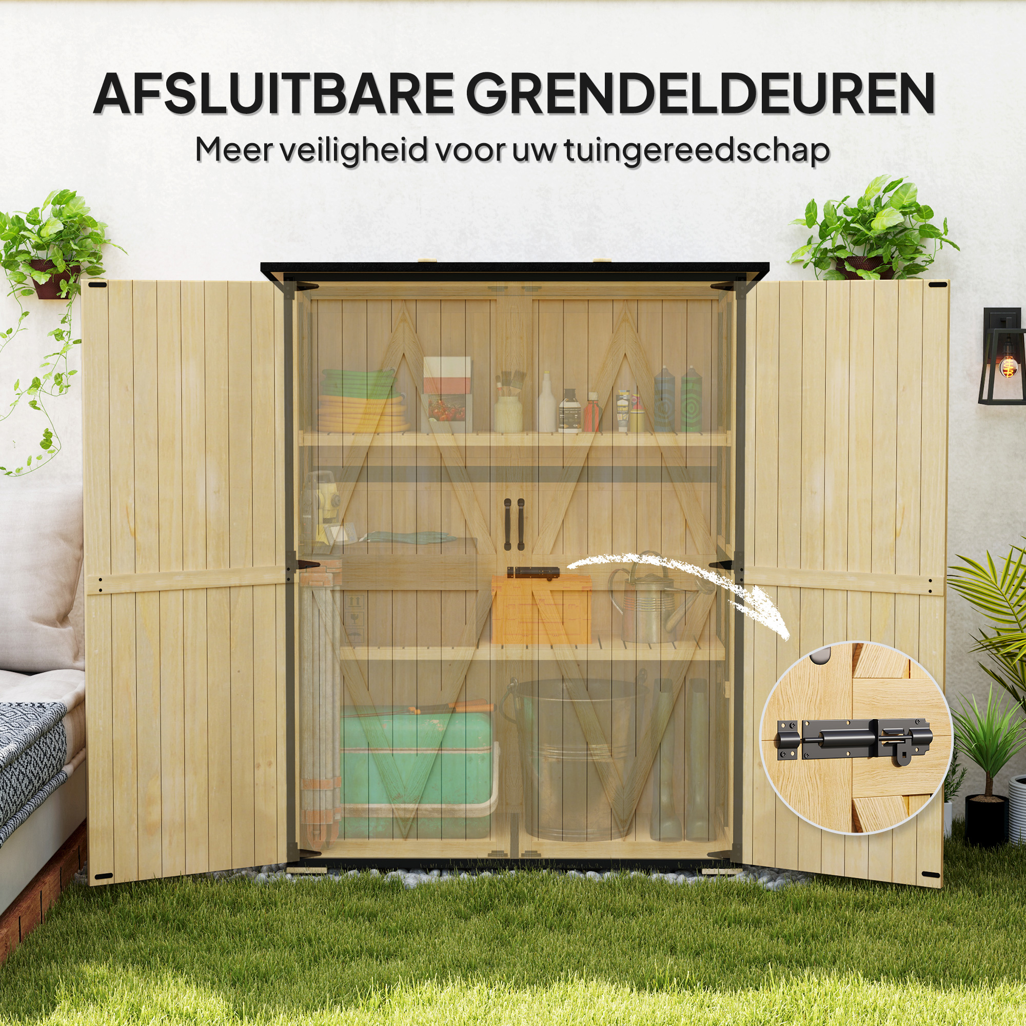 Outsunny Houten en Stalen Tuinkast, Buiten Gereedschapskast met Asfaltdak, 2 Planken, Afsluitbare Deuren, Natuurhout