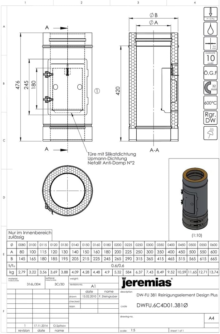 Jeremias DW-FU Revisionselement Design Plus 350mm Edelstahl doppelwandig bis 600Grad geeignet für Innenbereich Abgassystem