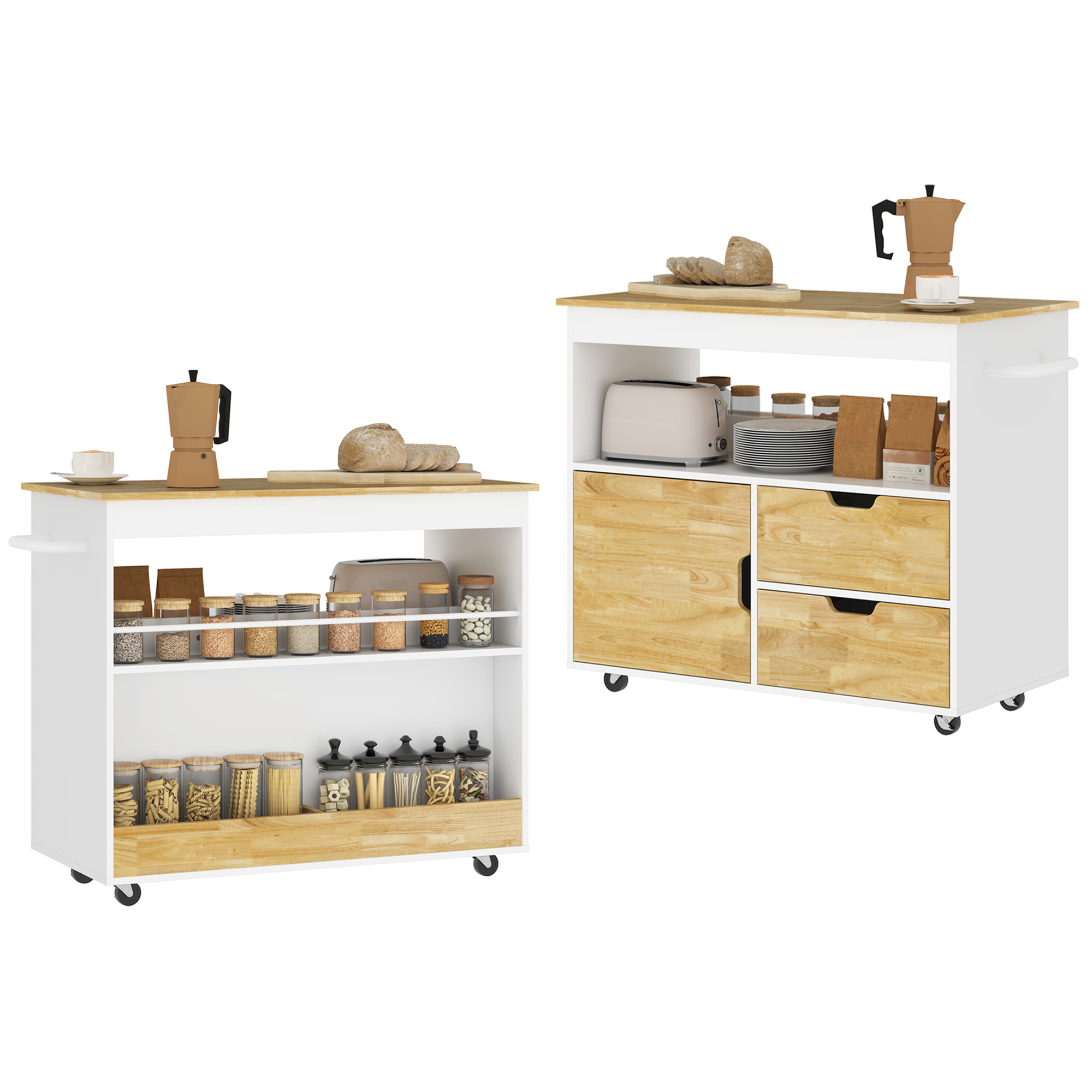 Keukentrolley, Rolbaar Keukeneiland, Keuken-Trolley met Vakken, Kast en Werkblad, Wit