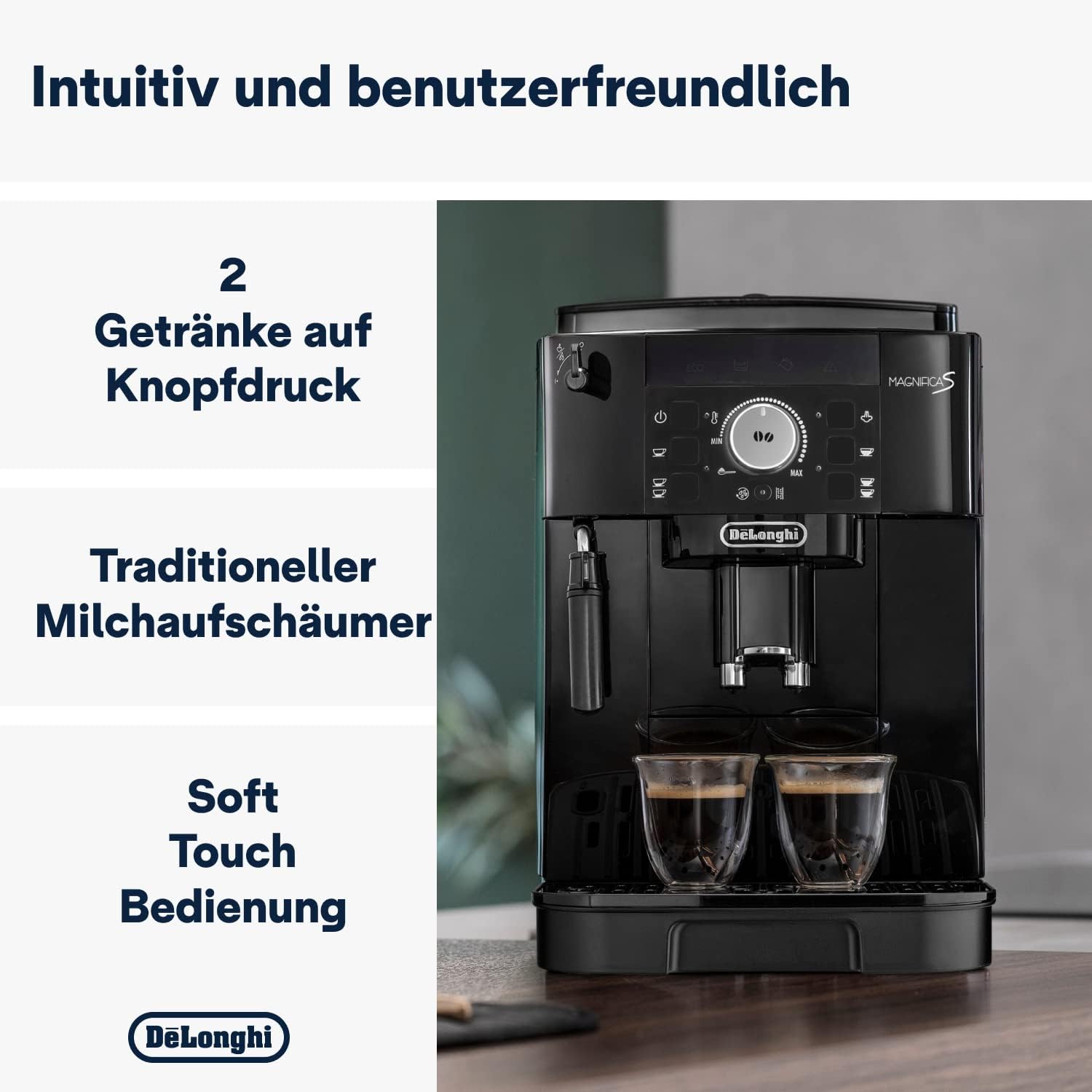 De'Longhi Magnifica S ECAM 22.110.B Kaffeevollautomat mit Milchaufschäumdüse für Cappuccino, mit Espresso Direktwahltasten und Drehregler, 2-Tassen-Funktion, 1,8 Liter Wassertank, Schwarz/Silber