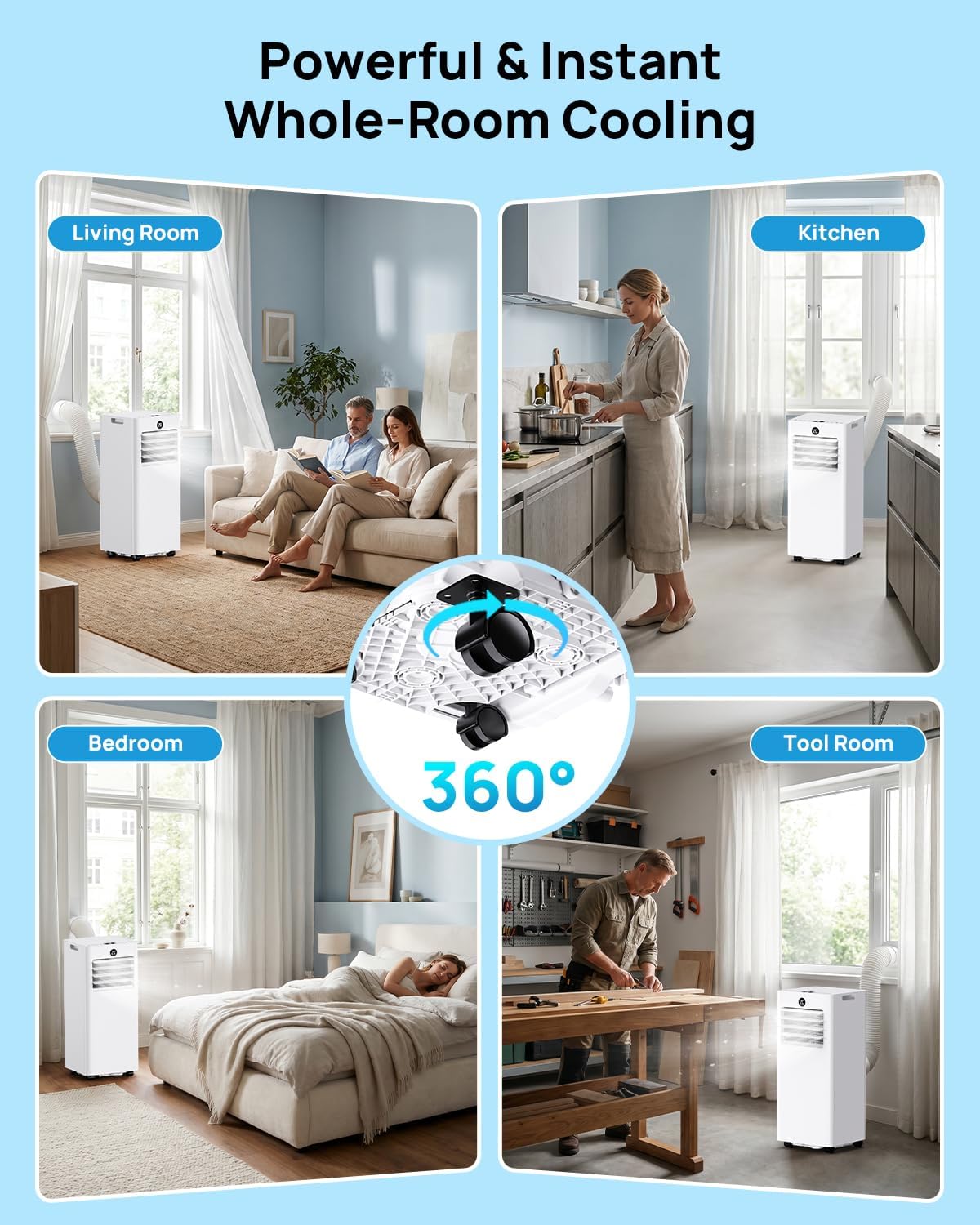 Klimaanlage Mobil 7000 BTU, Mobiles Klimagerät mit Abluftschlauch, Kühl-/Ventilations-/ Entfeuchtungs-/Schlafmodus 4-in-1, Digitalanzeige & Fernbedienung, 24H Timer, 360° Rollen, Inklusive Fensterset