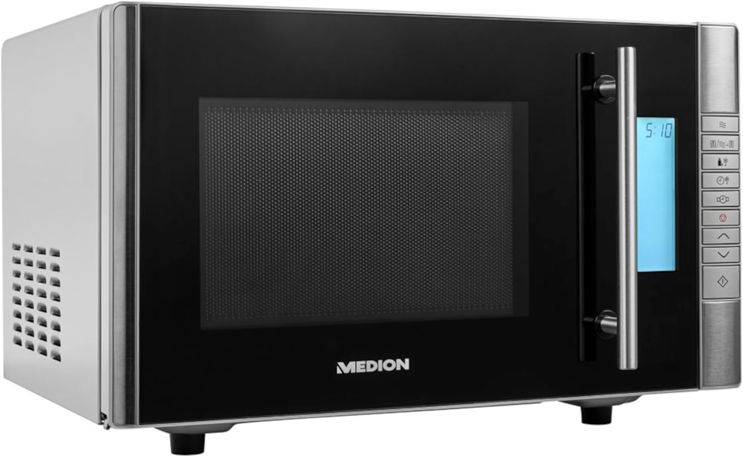 MEDION MD 14482 Mikrowelle mit Grill / 20L Garraum / 8 Automatikprogramme/Auftaufunktion / 800 Watt Mikrowellen- und 1000 Watt Grillleistung/Zeitschaltuhr/Grillrost/silber/schwarz