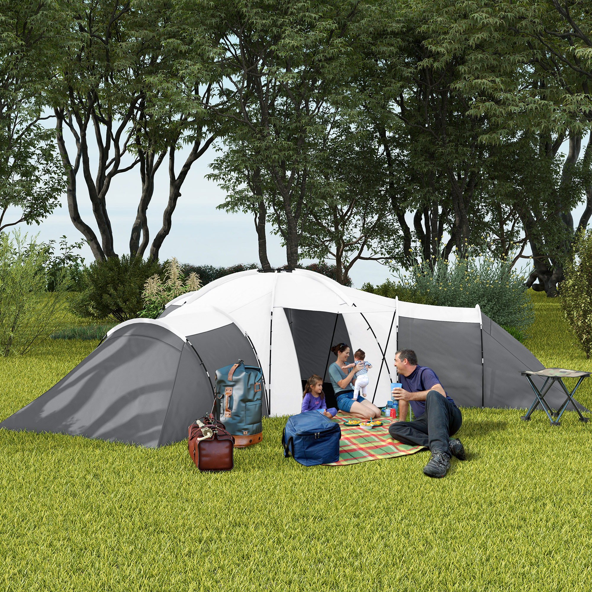 Outsunny Kampeertent voor 6-9 personen, 4 kamers, voortent, waterdicht, 615x 615x225cm, Grijs