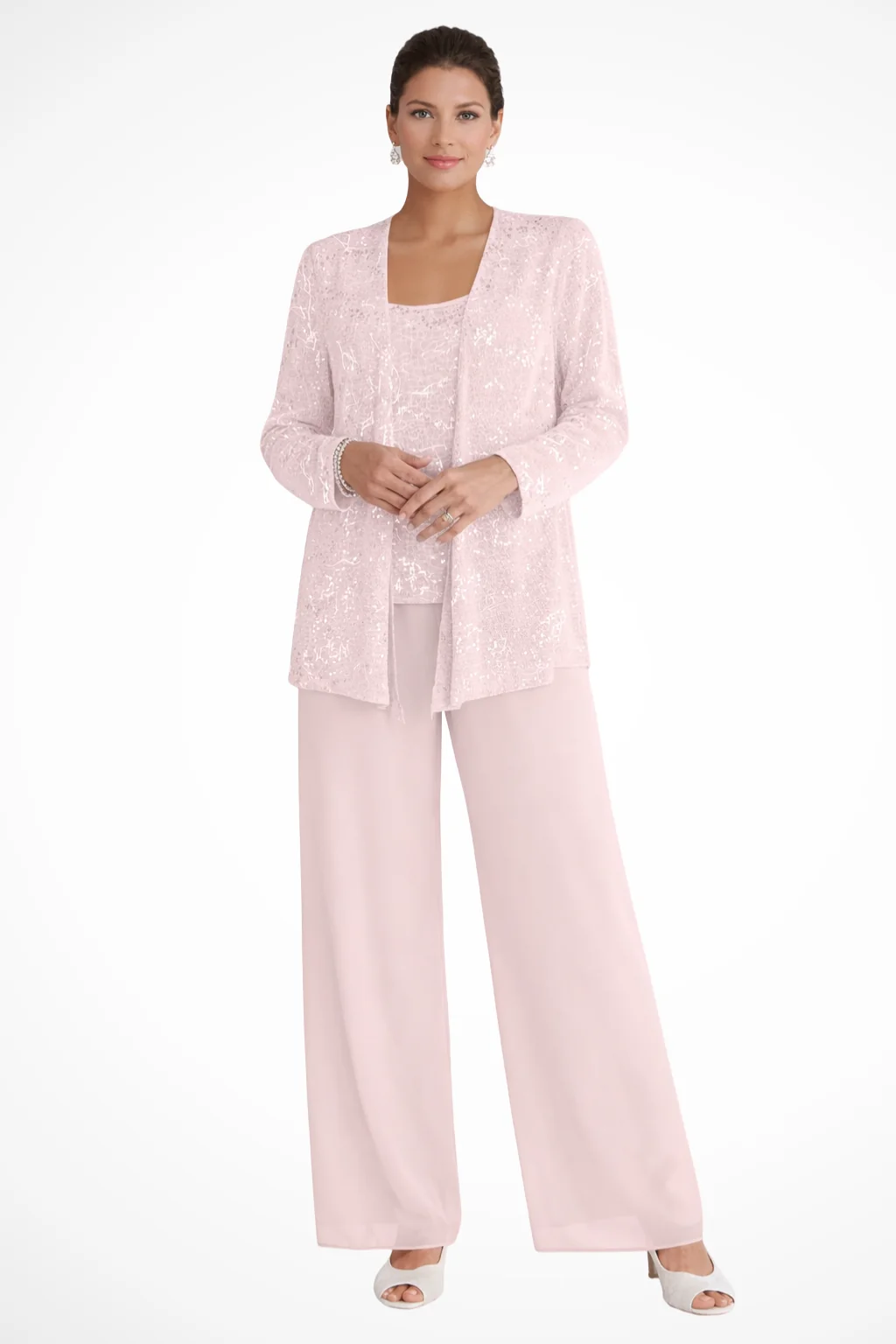 Damen Hosenanzug 3-teilig festlich | Set mit Pailletten-Spitzenjacke und weiter Hose | Elegantes Outfit f��r Hochzeitsg?ste