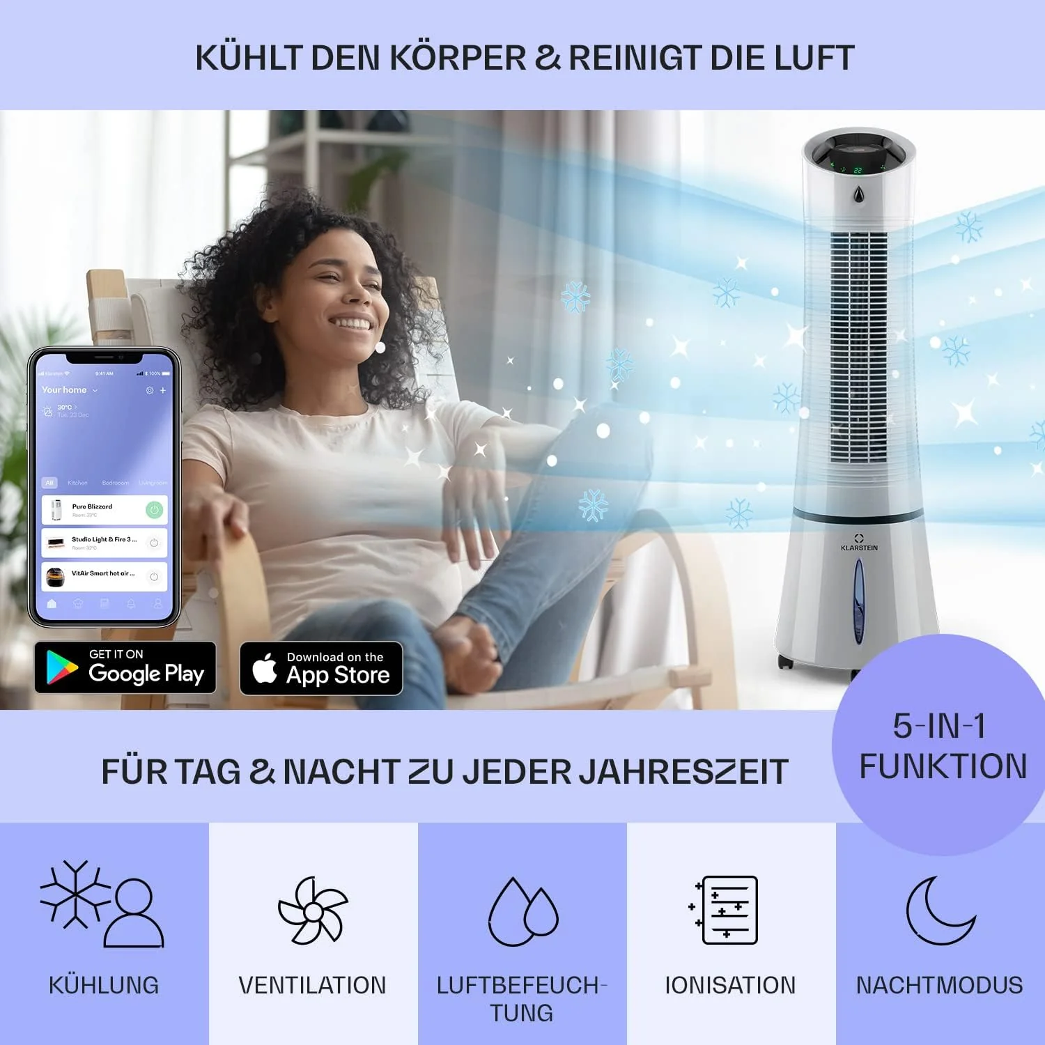 Klarstein 4-in-1: Slimme luchtkoeler, ventilator, luchtbevochtiger & ionisatie I 6 L watertank, oscillatie, 30 W, 210 m3/u, timer I Klimaatregelaar zonder afvoerslang, Mobiele airconditioner, Zwart-ros��goud