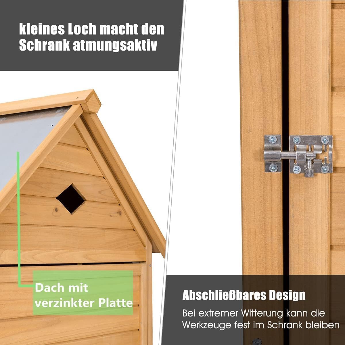RELAX4LIFE Gerätehaus Garten, Gartenhaus aus Holz, Gartenschrank mit Satteldach, Geräteschrank wetterfest, Geräteschuppen mit Ablagen, Werkzeugschrank für den außenbereich, 177 x 80 x 45 cm