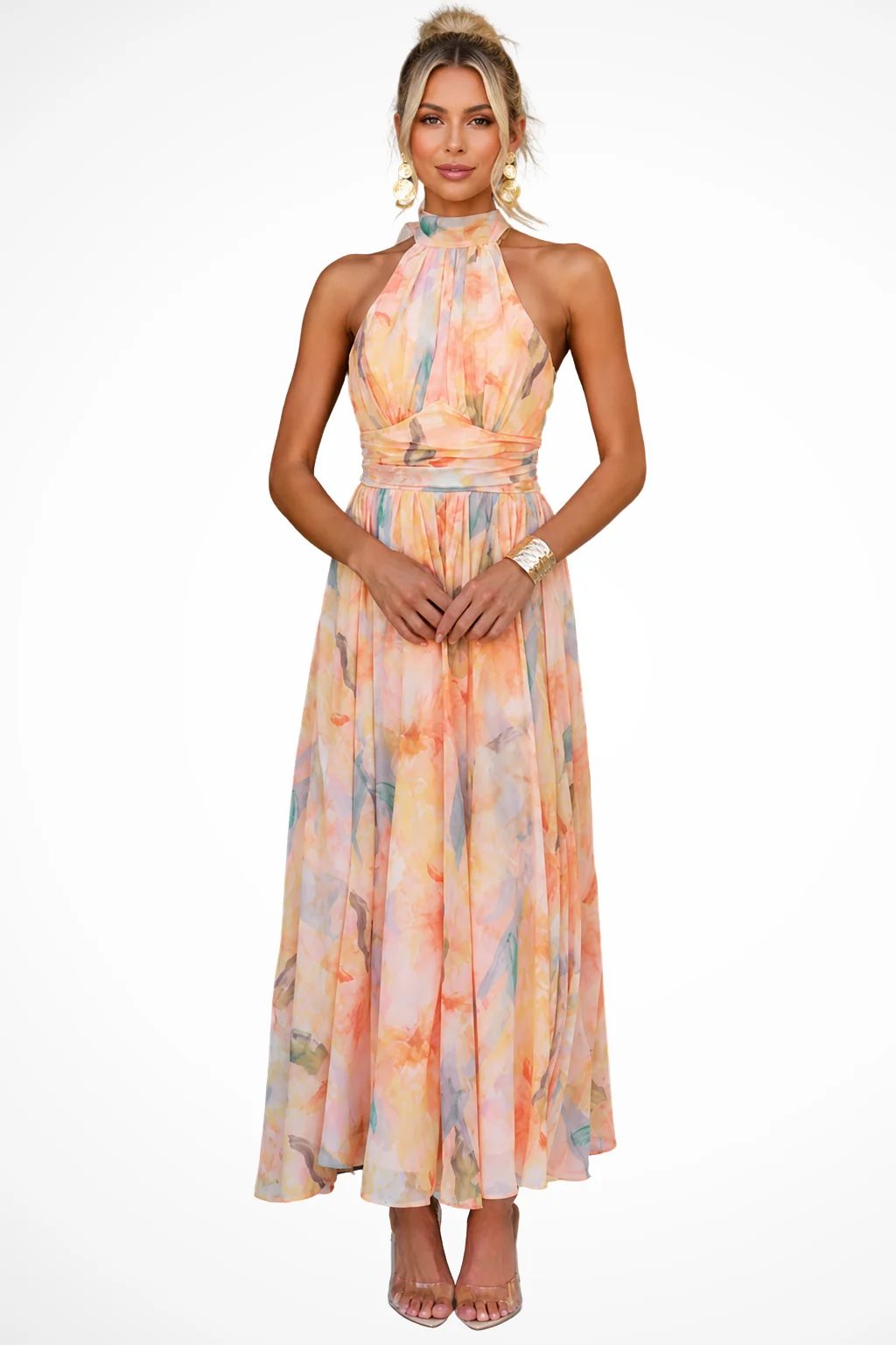 Damen Maxikleid mit Neckholder und Blumenmuster | Elegantes Chiffonkleid f��r Hochzeitsg?ste | Bodenlanges Sommerkleid