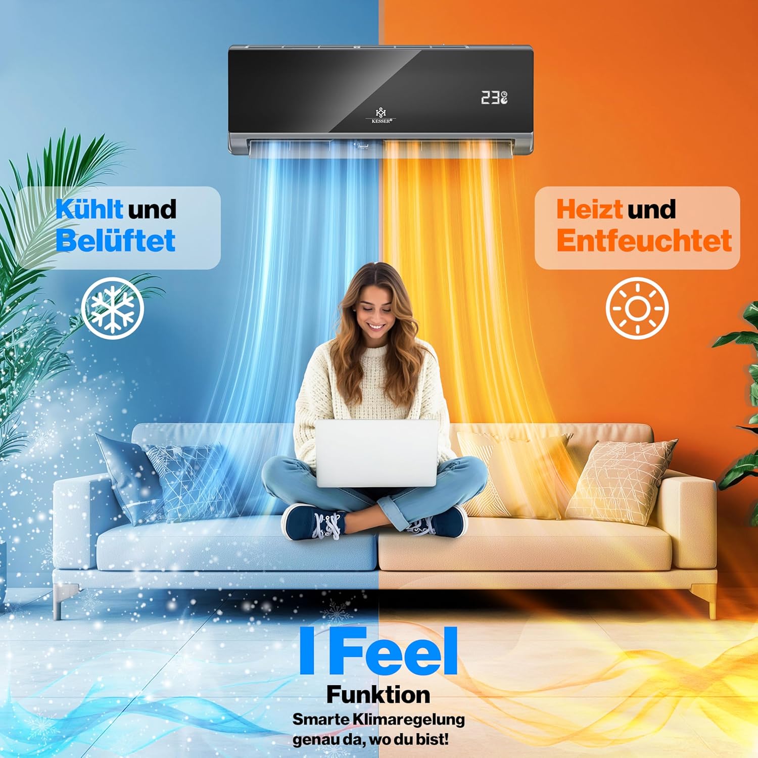 KESSER® Klimaanlage Set Split, WiFi/App Funktion Klimagerät, Kühlen A++/Heizen A+ -9000 BTU/h (2.600 W) sehr leise, Kältemittel R32, Fernbedienung, Timerfunktion, Montagematerial [Energieklasse A++]