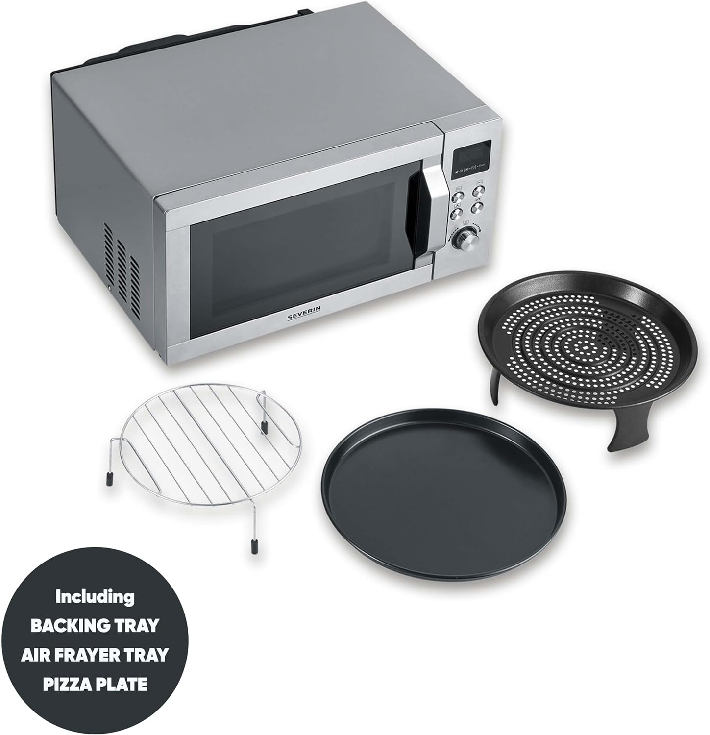 SEVERIN Mikrowelle mit Grill und Heißluftfunktion 3-in-1, zum Auftauen, Garen und Erhitzen, Mikrowelle mit Drehteller, Edelstahl-gebürstet/silber, MW 7774