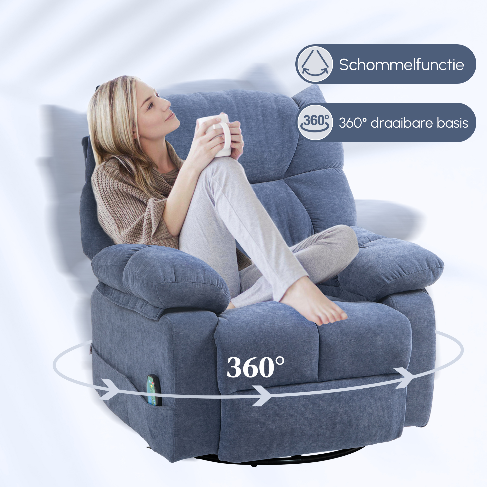Massagestoel met Warmte- & Ligfunctie, Draaibaar, tot 150 kg, Metalen Frame, 98x90x98cm, Blauw