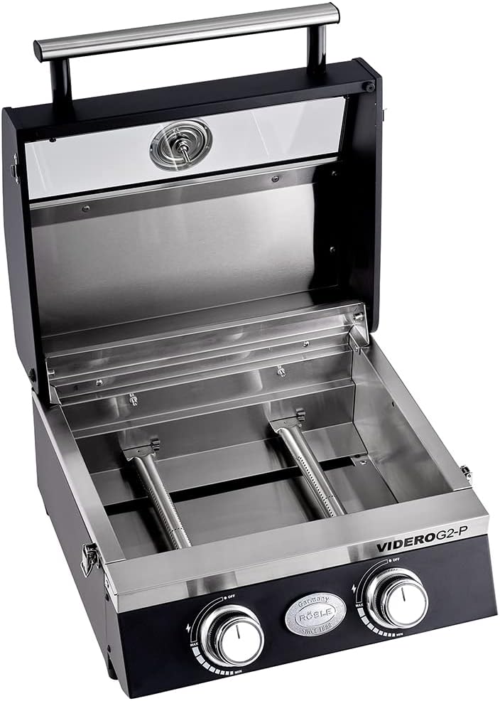 RÖSLE Gasgrill BBQ-Portable VIDERO G2-P, tragbarer Tischgrill mit 2 Edelstahlbrennern, Warmhalterost und Deckel mit Glaseinsatz sowie Deckelthermometer, pulverbeschichteter Stahl, 50 mbar, schwarz