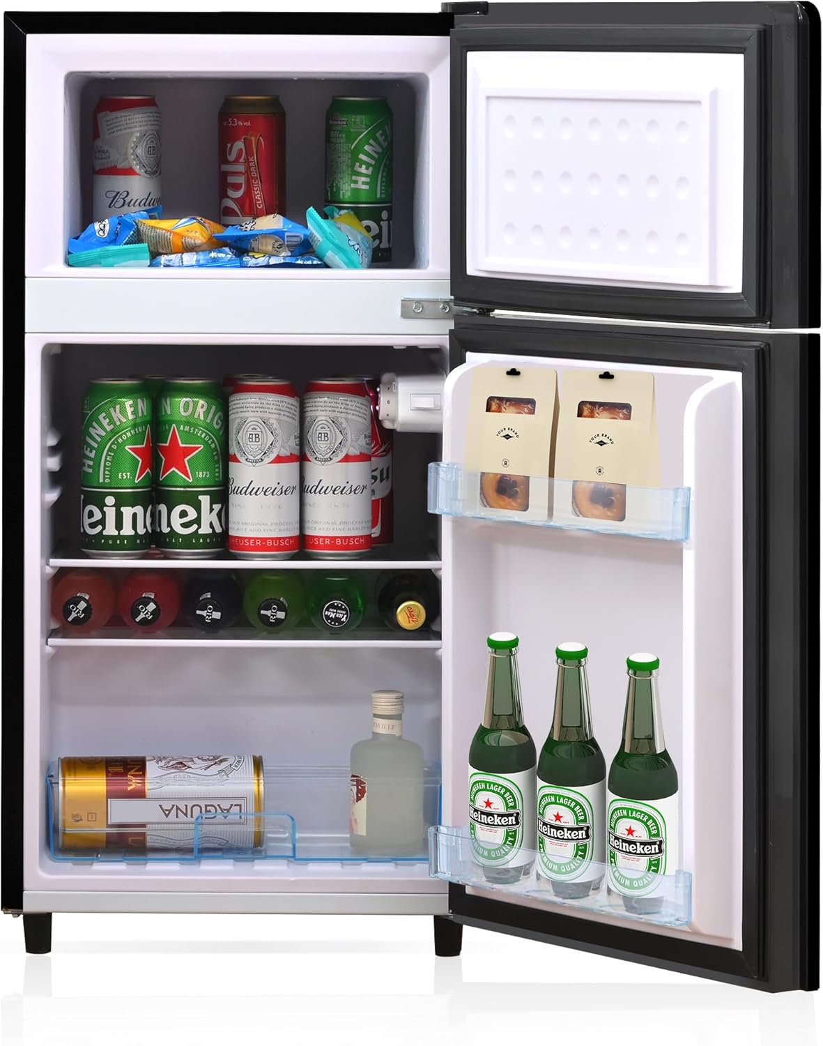 Merax Kühlschrank mit Gefrierfach, Kühl-Gefrierkombination, klein Kühlschrank mit 51L und Gefrierschrank 21L, Leise, LED, Glasablagen, Gemüsefach, Türablagen, für Küche, Wohnzimmer, Büro, Schwarz