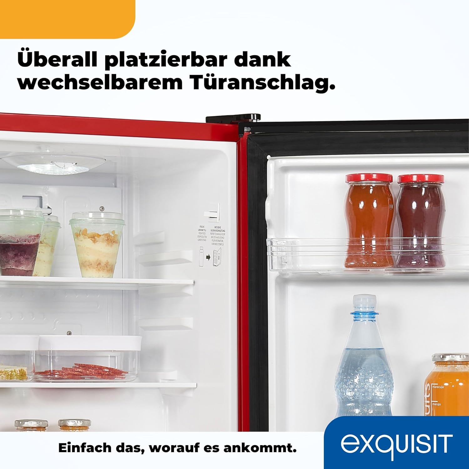 Exquisit Mini Kühlschrank KB60-V-090E rot | 52 l Nutzinhalt | LED-Innenbeleuchtung | Glasablagen | 45cm Breite
