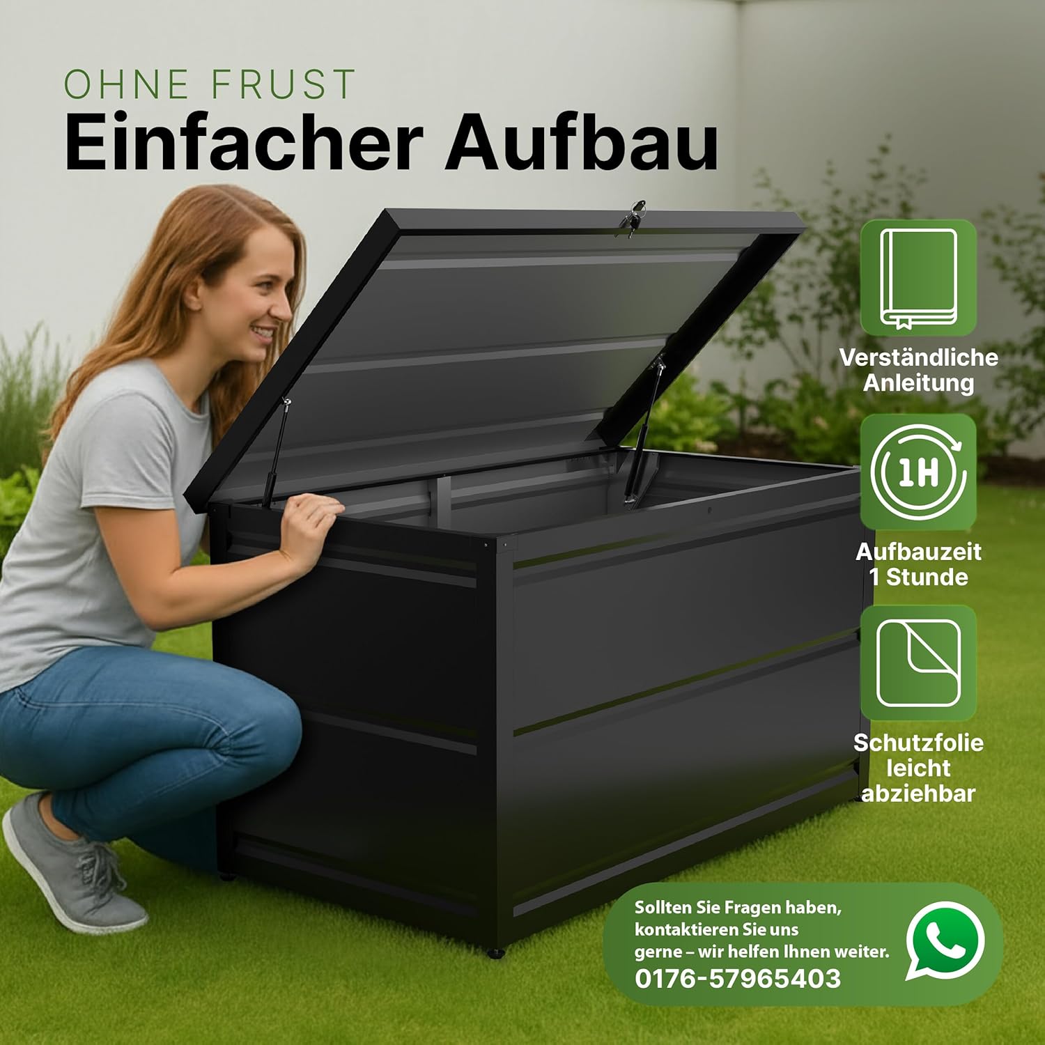 Gartenzeit® Auflagenbox 900L (148×83×82cm) – XXL Gartenbox aus pulverbeschichtem Stahl RAL 7016, wetterfest, wasserdicht & abschließbar, als Sitzbank nutzbar, Outdoor Kissenbox für Polster