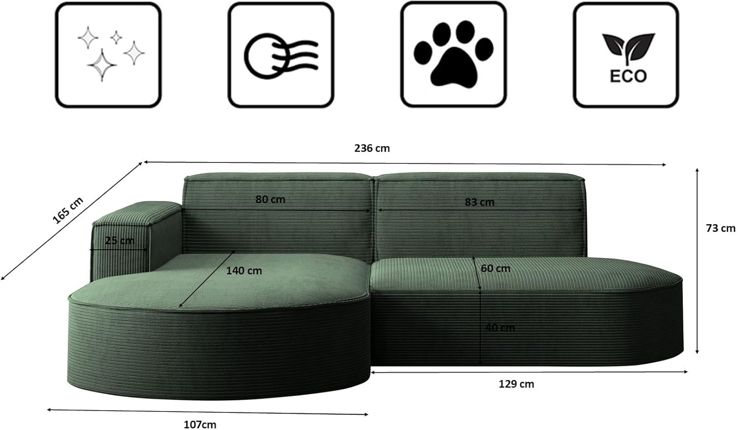Kaiser Möbel - Ecksofa mit Wohnlandschaft, Eckcouch L-Form, Sofa 3-sitzer, Polstersofa, Bequemes Couch mit Ottomane für Wohnzimmer, Relaxsofa, Stilvolles Cord Sofa, Modena Studio, Dunkelgrün, Links