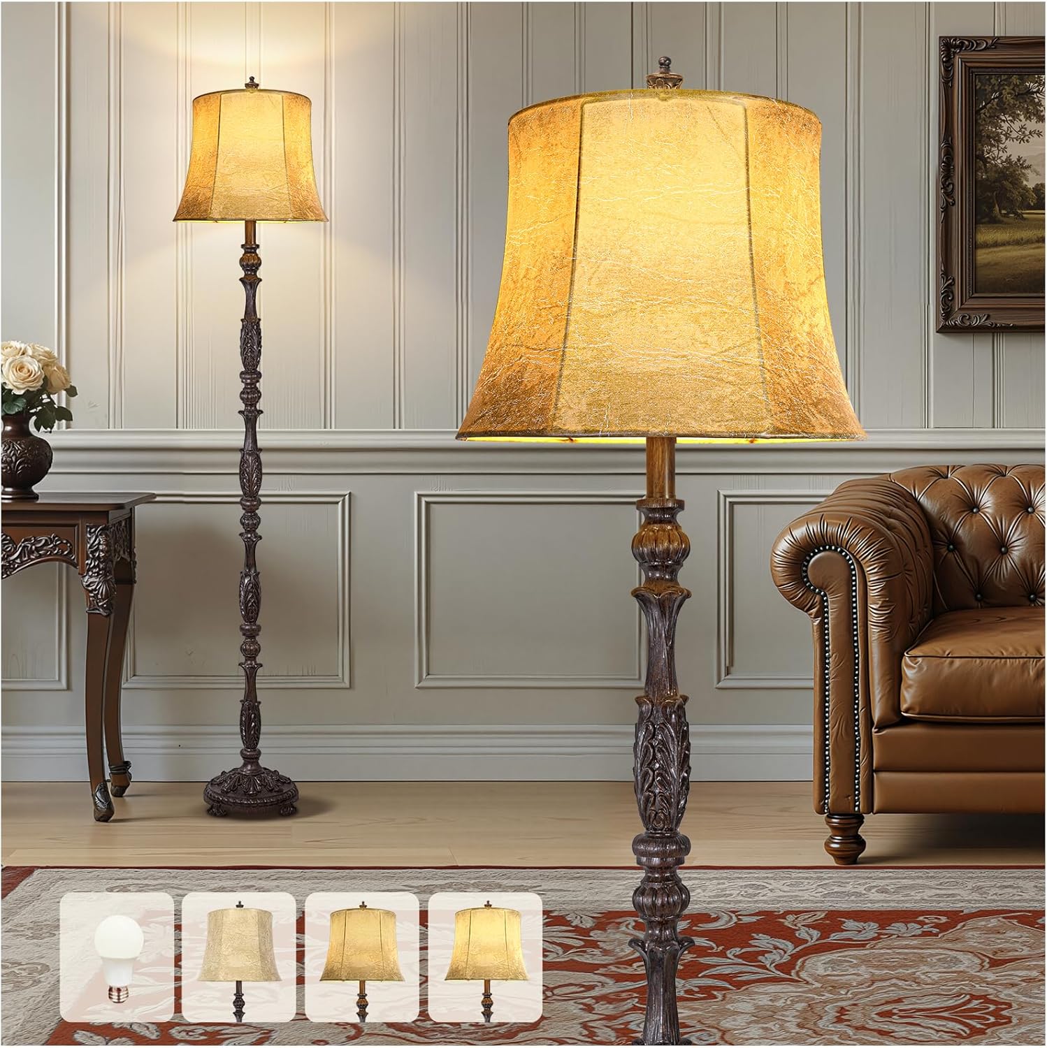 Scenekoy Vintage 66�� Tall Floor Lamp for Living Room Bedroom, Retro Resin Carved Standing Lamp with Faux Leather Shade, 3-Way Adjustable Bulb, Rotary Switch Rustic Corner Light for Home Decor