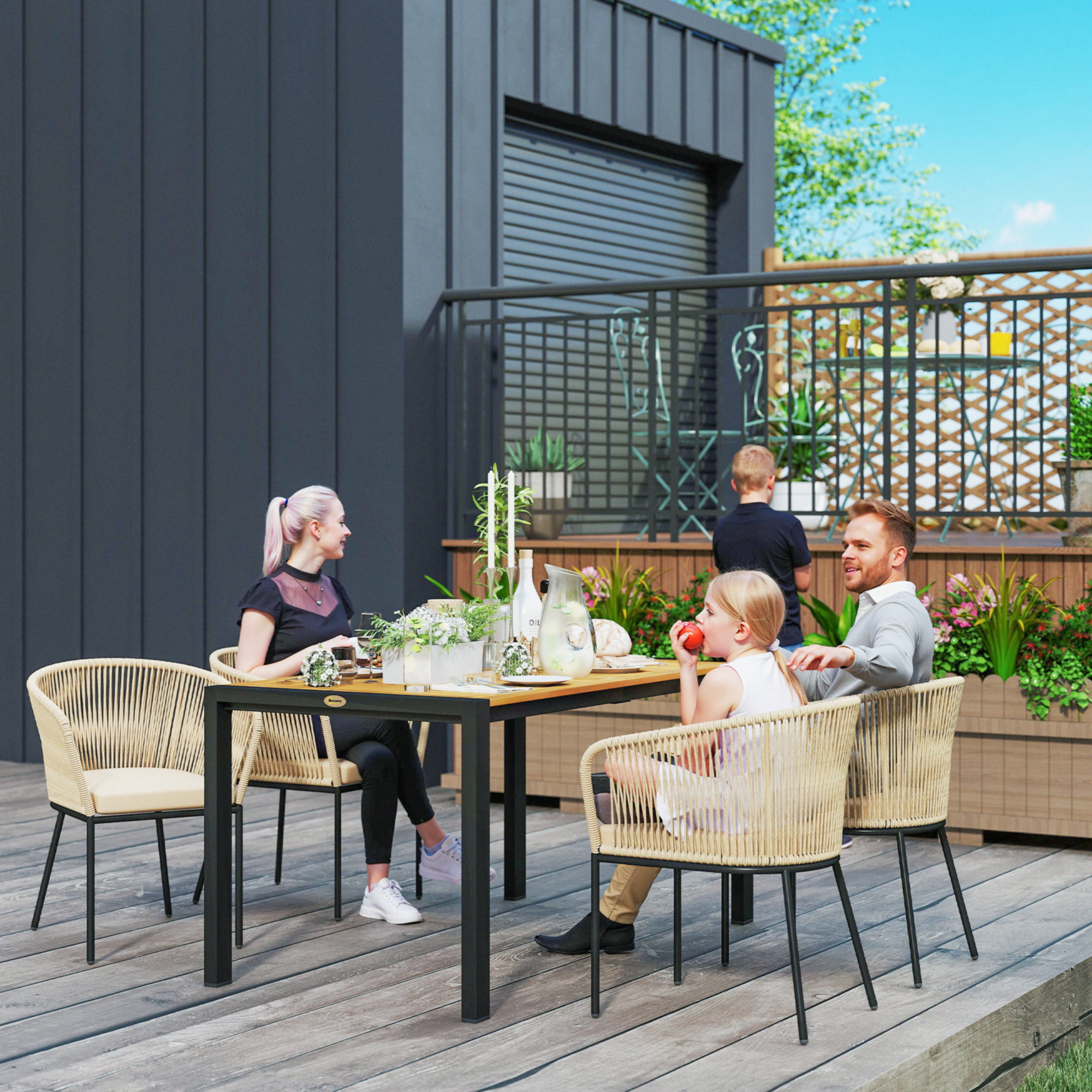 5-delig tuinmeubelset, 4 stoelen, 1 tafel, kunst-rattan, stalen frame, wasbare kussens, voor terras, Khaki