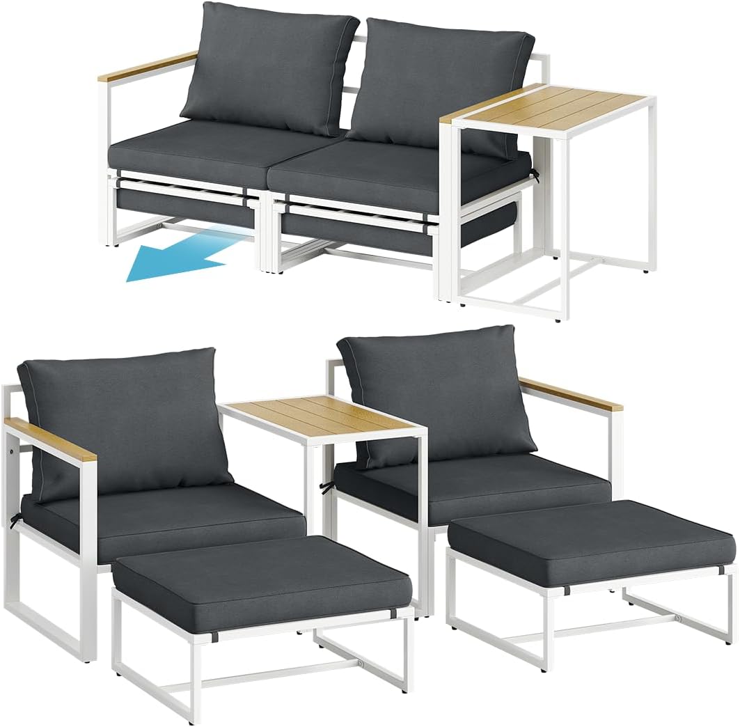 STEELSØN Gartenmöbel Set 5-TLG Asteri, Gartenlounge für 2-4 Personen, Balkonmöbel Set wetterfest inkl. 2 Sessel, 2 Hocker und 1 Tisch, Terrassenmöbel aus Metall mit Kissen Weiß