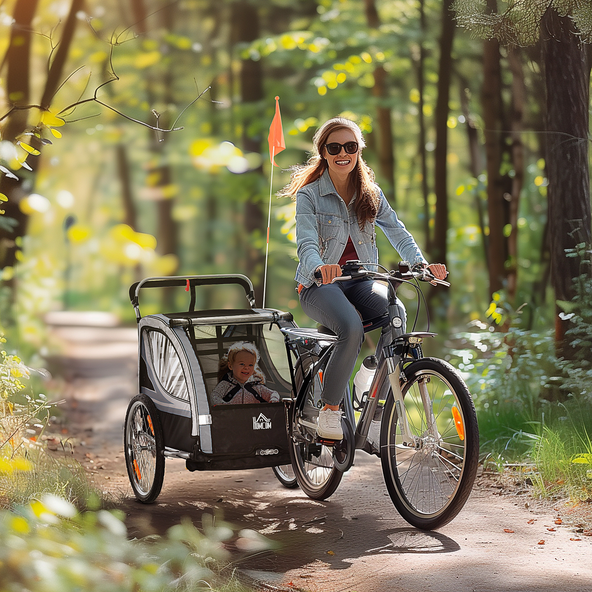 Kinderfietskar/Duwwagen met Remmen, Opvouwbaar, voor 2 Kinderen, Grijs/Zwart