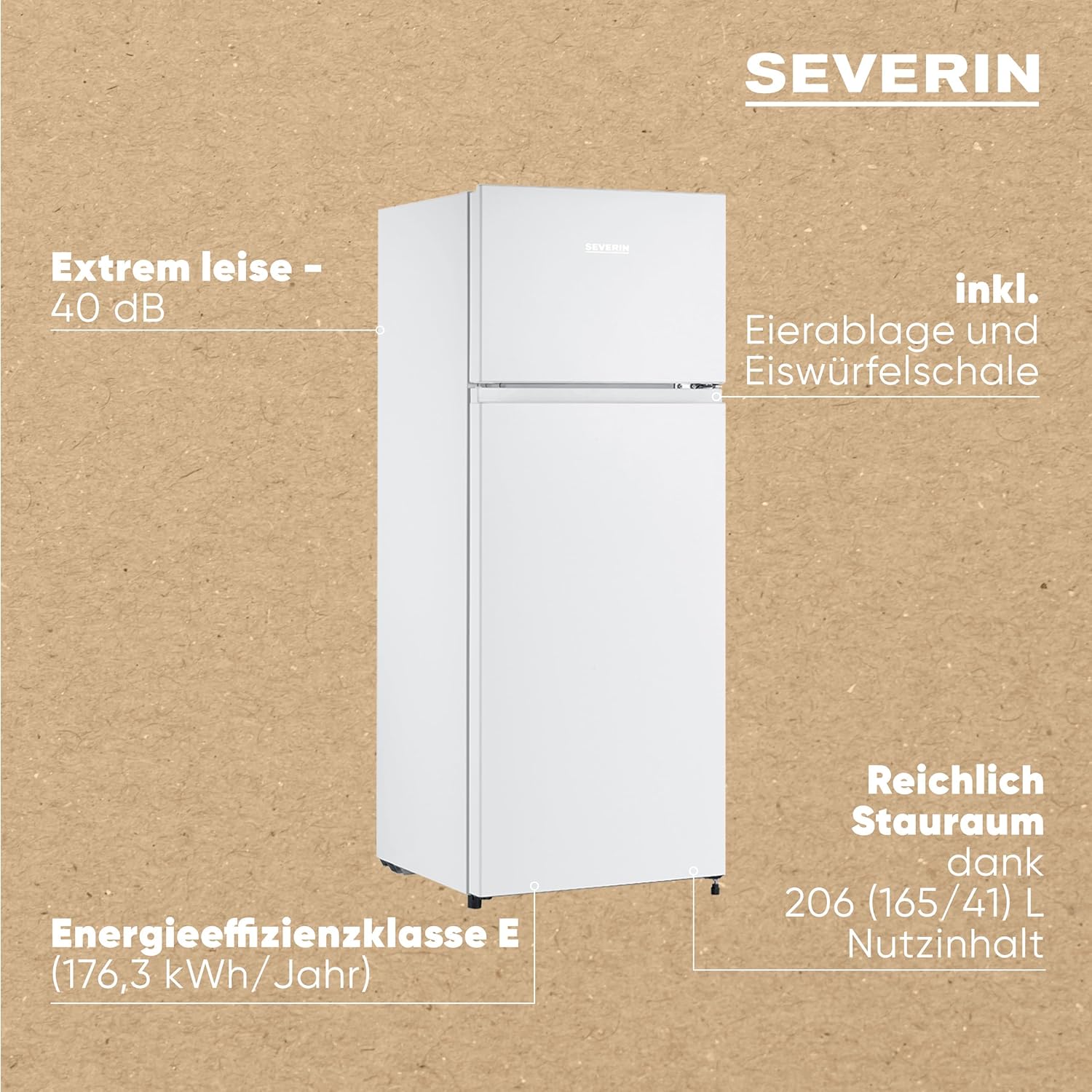 SEVERIN Doppeltür-Kühl-/Gefrierschrank, 2 x höhenverstellbare Abstellflächen, große Veggiebox, extrem leise - 40 dB, 206 L Nutzinhalt, weiß, DT 8760