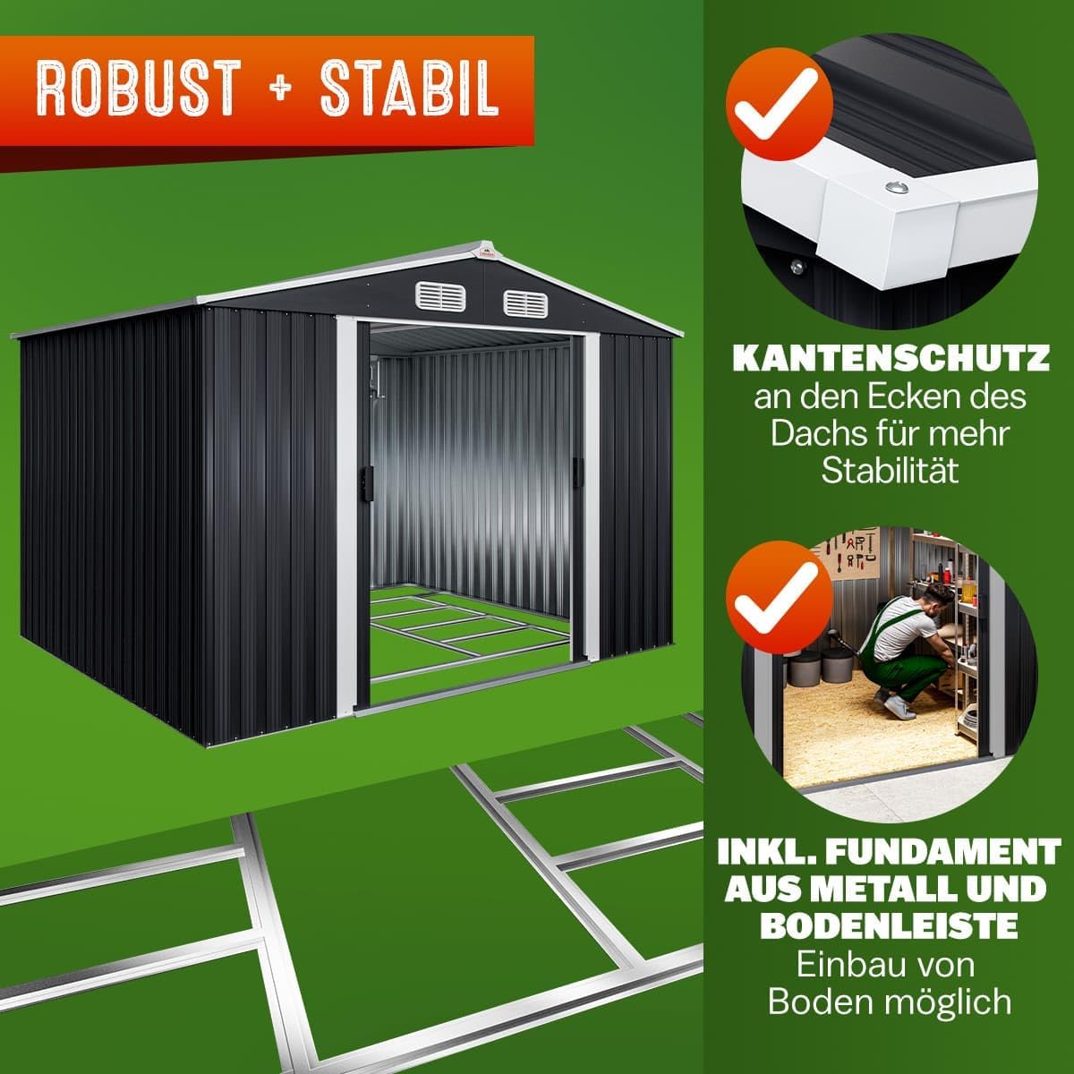 GARDEBRUK® XXL Metall Gerätehaus 5m² mit Fundament 257x205x178cm Schiebetür Anthrazit Geräteschuppen Gartenhaus 9m³
