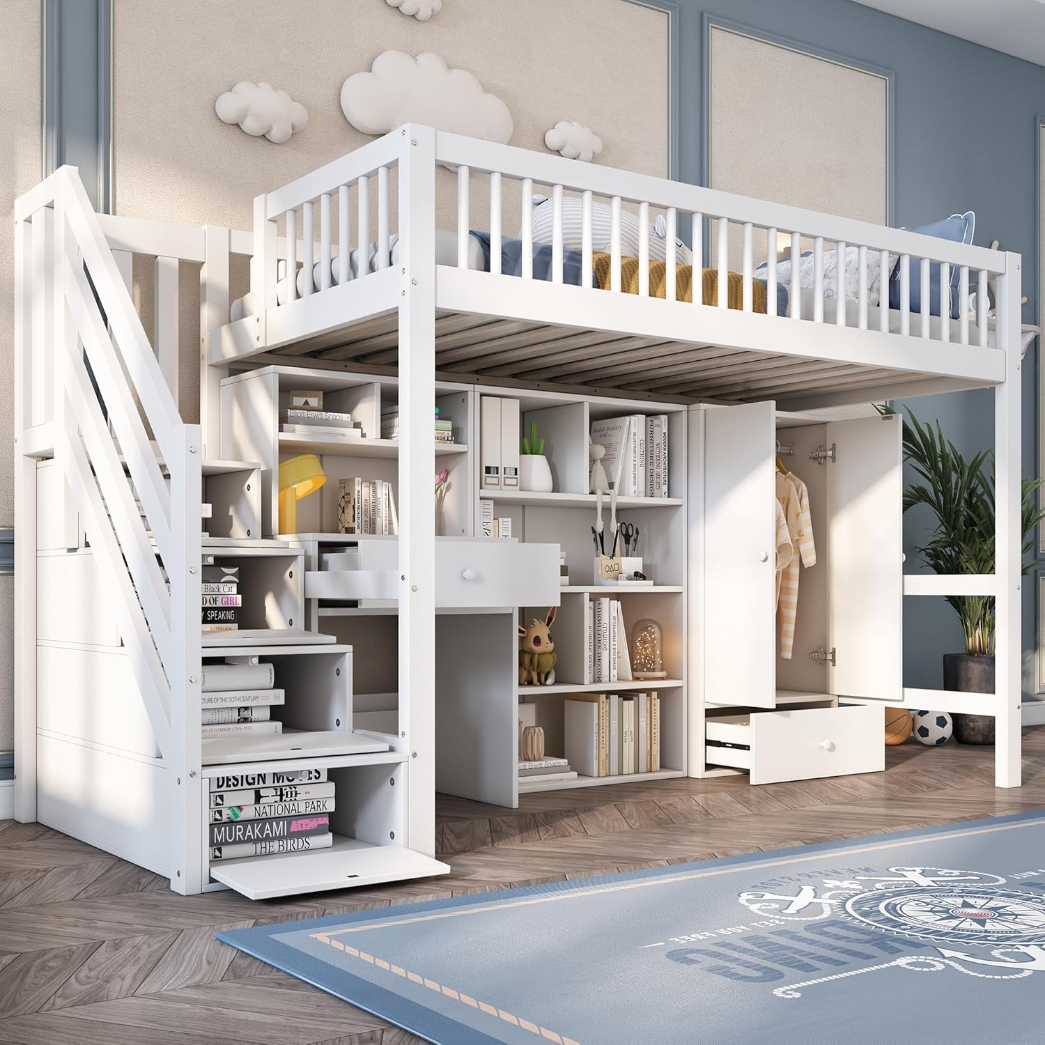 Kinderbett 90x200 cm, Hochbett mit Kleiderschrank Schreibtisch und Treppe, Einzelbett mit Schubladen und Schließfach, Funktionsbett Kinderhochbett Jugendhochbett mit Rausfallschutz & Lattenrost, Weiß