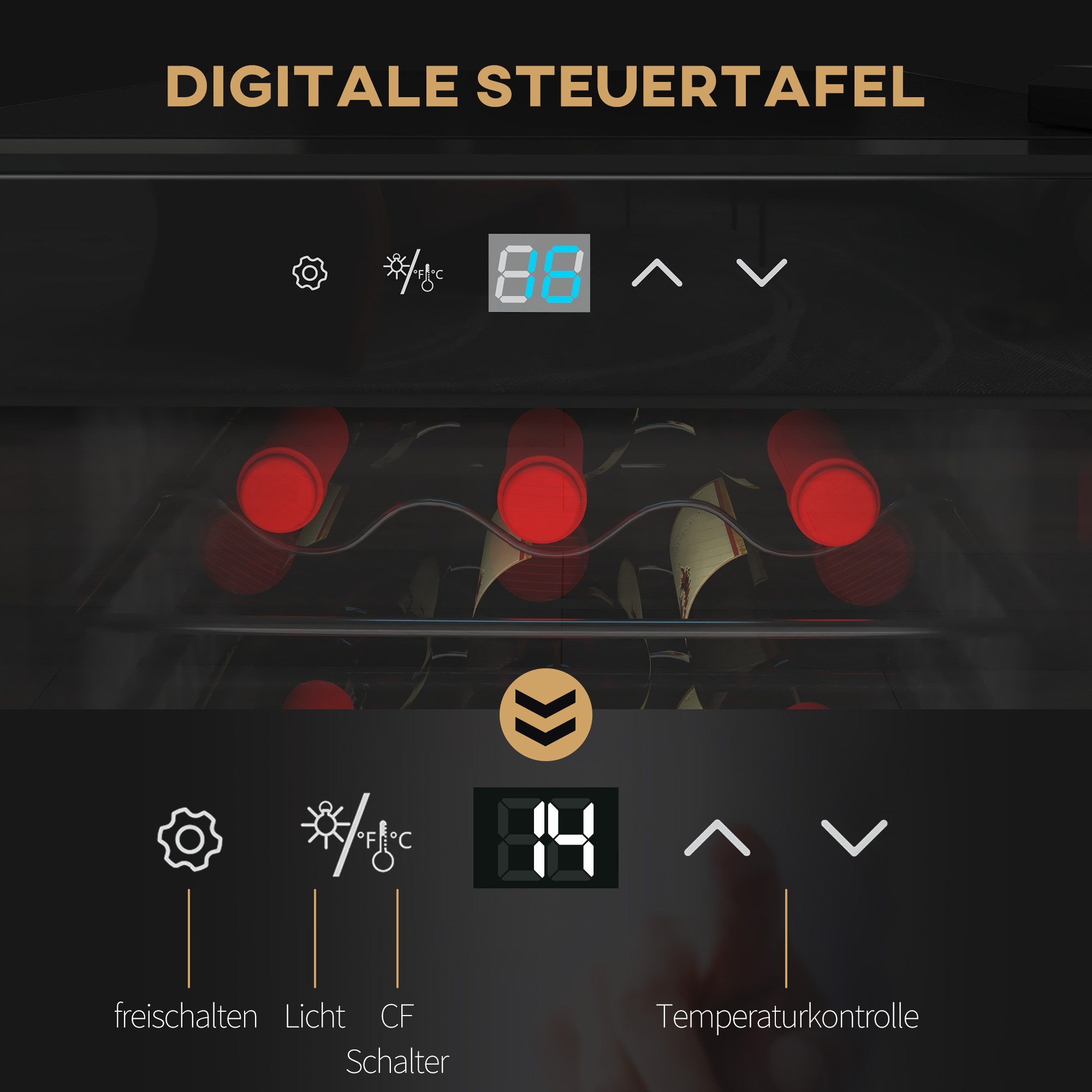 Wijnkoelkast, Stil, 5-18��C, Touchscreen, Verlichting, 34,5x45x78cm, Zwart