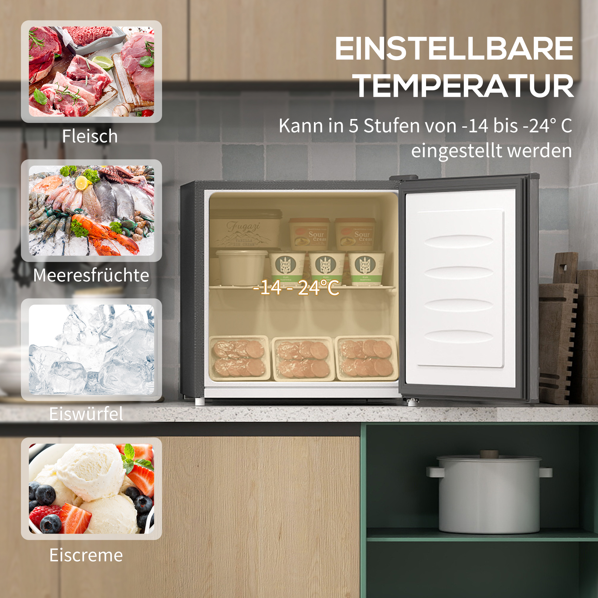 Mini-Vriezer 35 L, Electrische Vriesbox, Vrijstaand 161W, Mini Diepvrieskist 47 x 44,2 x 48,8 cm, Grijs