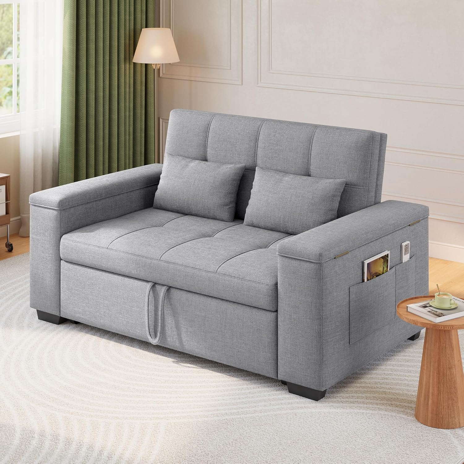 Xbro 3-in-1 Schlafsofa ausziehbar, 2-Sitzer Sofa mit Schlaffunktion, verstellbare Rückenlehne, Leinenstoff mit 2 Kissen und Seitentaschen, für Wohnzimmer, Schlafzimmer oder Büro, Hellgrau