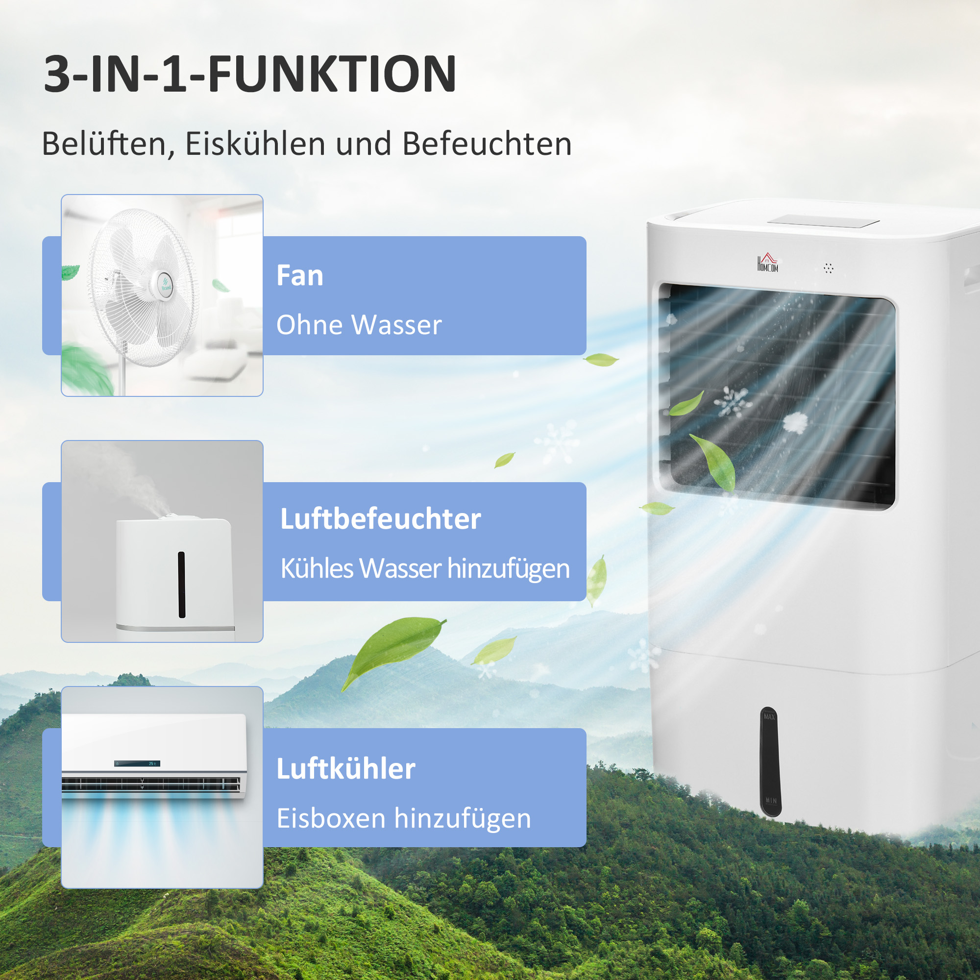 Airconditioner, Luchtkoeler, 3 Modi, Timerfunctie, Verrijdbaar, Kunststof, Wit