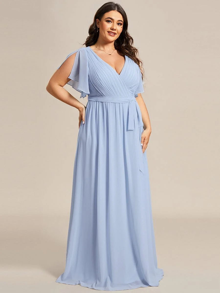 Abendkleid Damen Maxi A-Linie aus Chiffon | Festliches Kleid f��r Hochzeitsg?ste mit V-Ausschnitt und Fl��gel?rmeln