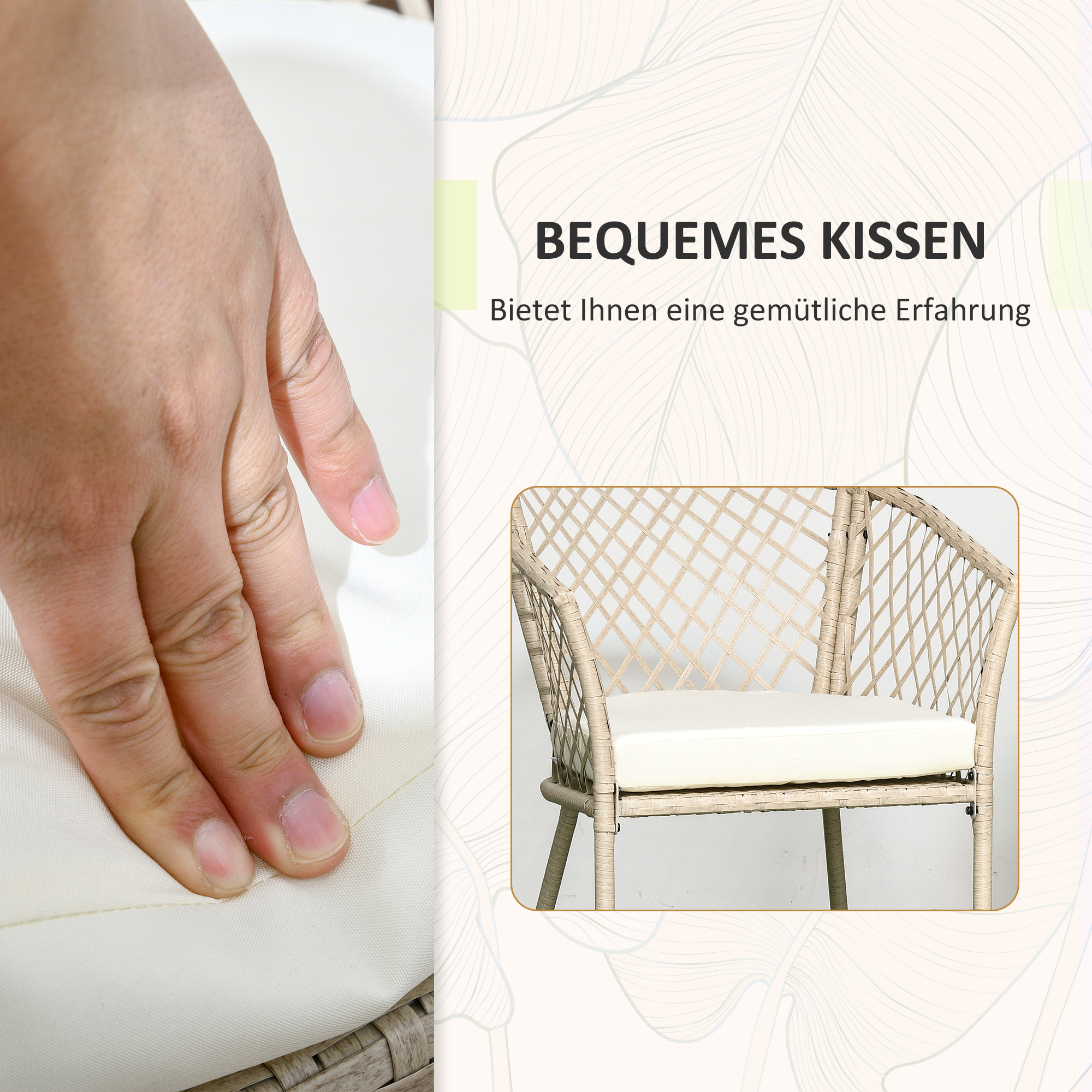 Rattan Tuinmeubelset, 2 Stoelen en Tafel, Gehard Glas Tafelblad, PE Rattan, Zitkussens, Metalen Frame, Khaki