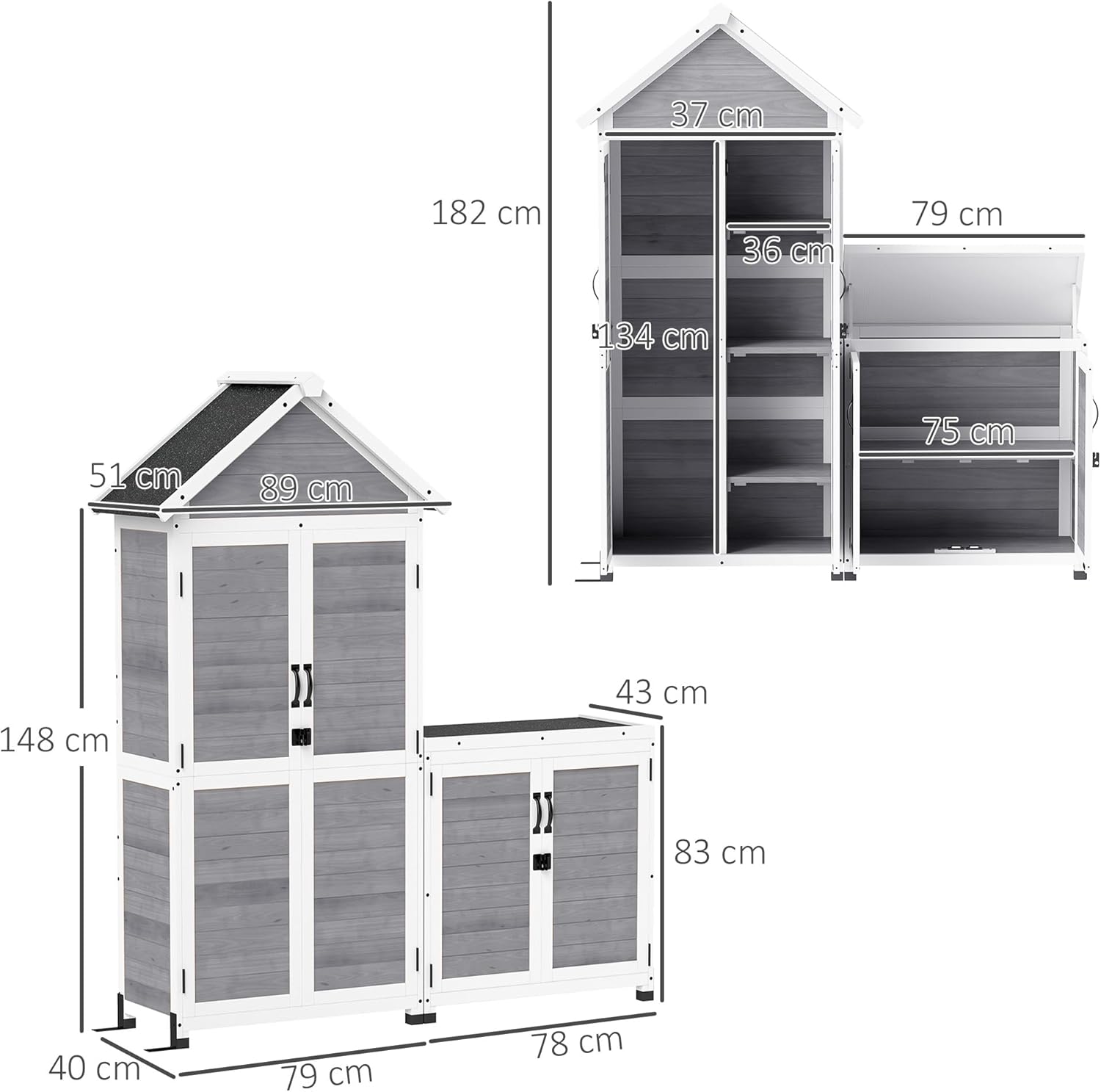Outsunny 2 in 1 Gartenschrank Holz, Geräteschrank mit Satteldach Aufbewahrungsschrank Ablage 89x51x182cm, Gerätehaus mit Abschließbar Tür wetterfest Geräteschuppen für Terrasse, Garten, Hellgrau