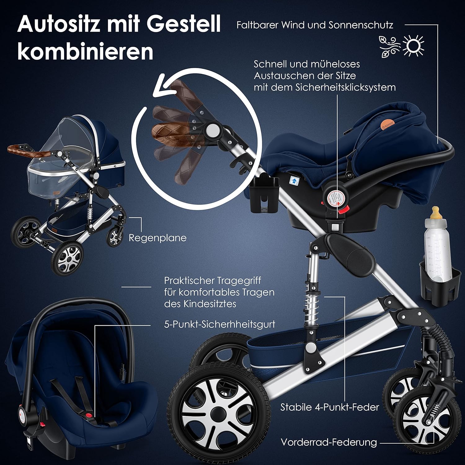 KESSER® Loops 3 in 1 Kinderwagen Kombikinderwagen Komplett-Set inkl. Babywanne & Buggy Sportsitz & Auto-Babyschale Voll-Gummireifen Wickeltasche Regenschutz Kindertisch ECE R129, Schwarz/Champagne