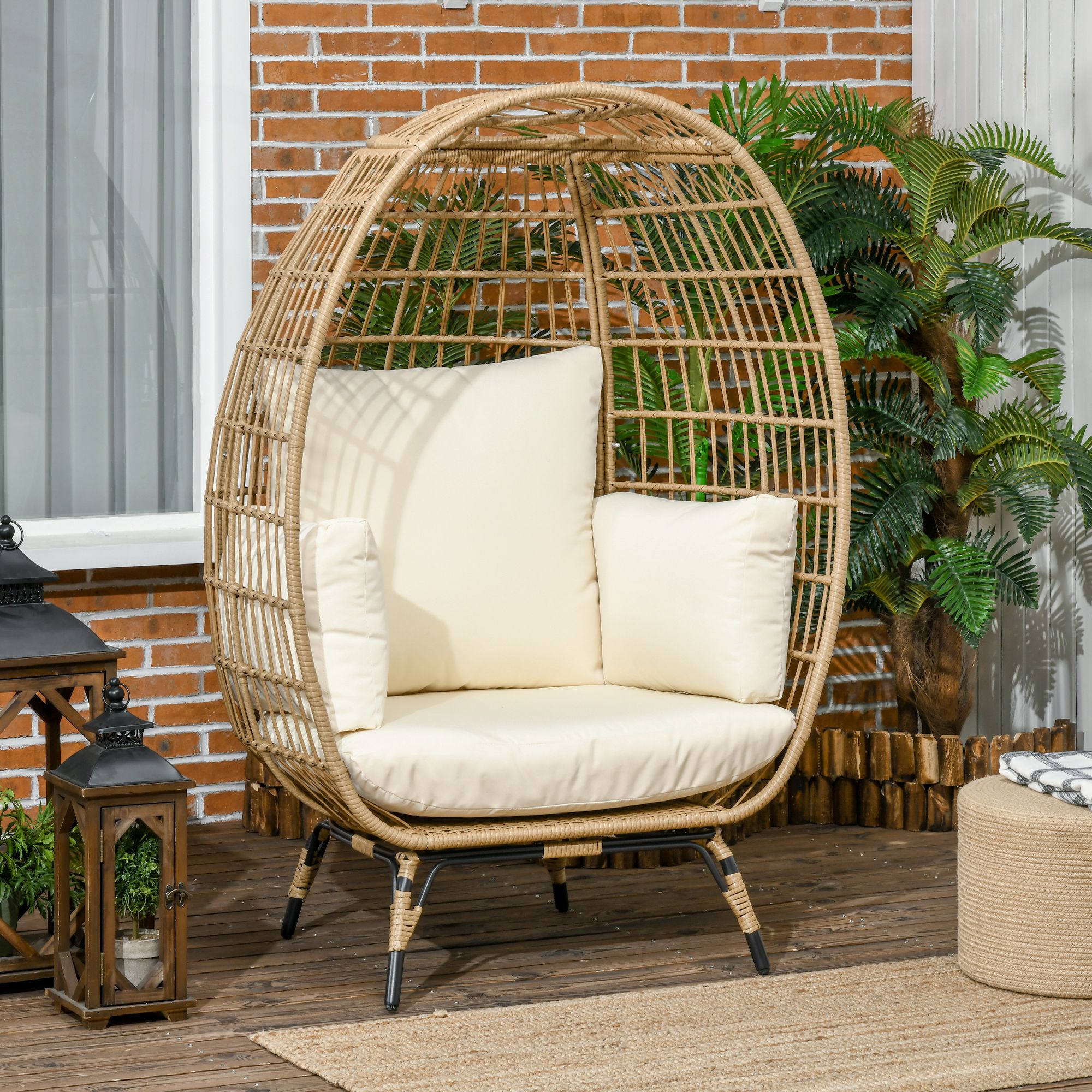 Outsunny Rotan Stoel in Mandvorm Rotan stoel met zitkussen tuinstoel metaal
